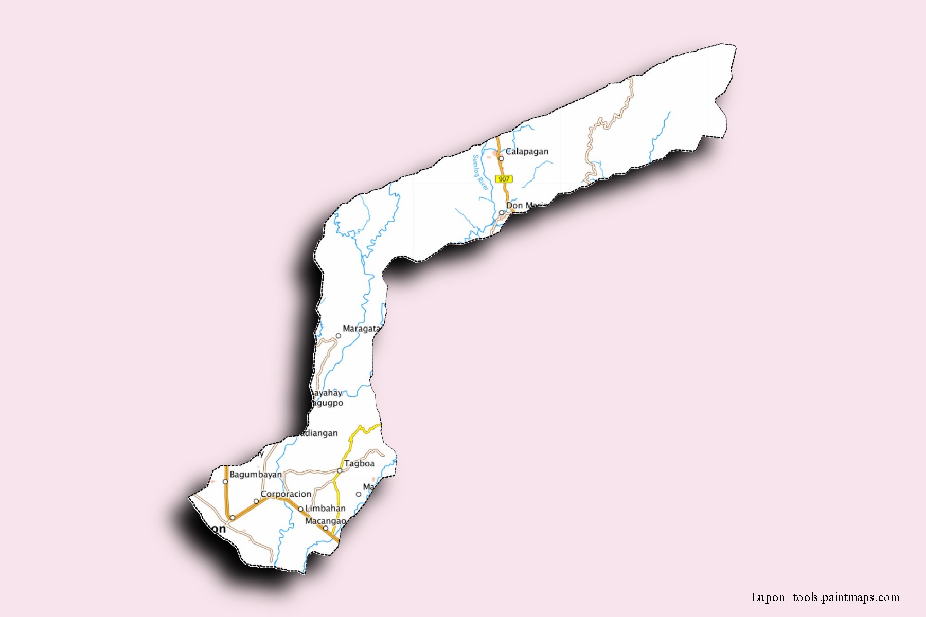 Mapa de barrios y pueblos de Lupon con efecto de sombra 3D