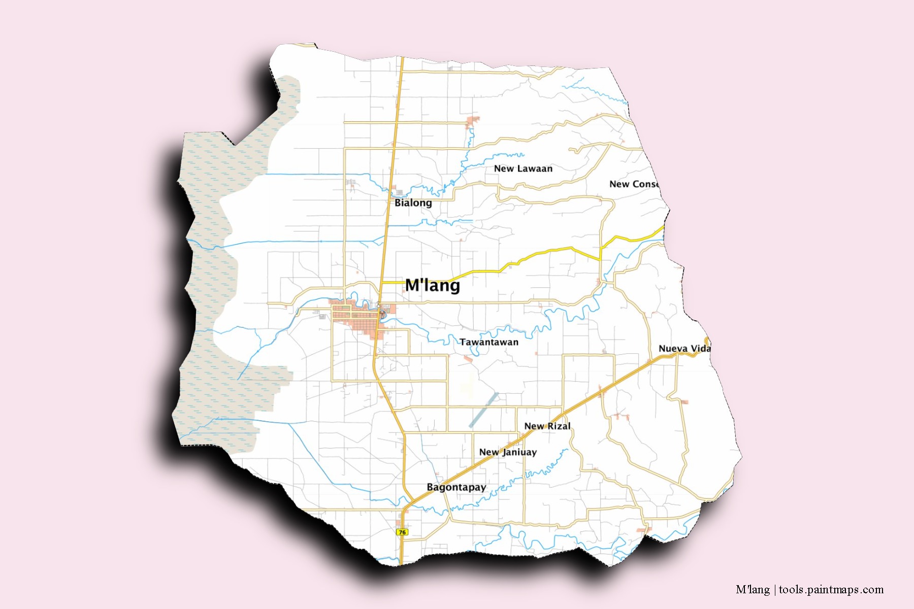 Mapa de barrios y pueblos de M'lang con efecto de sombra 3D