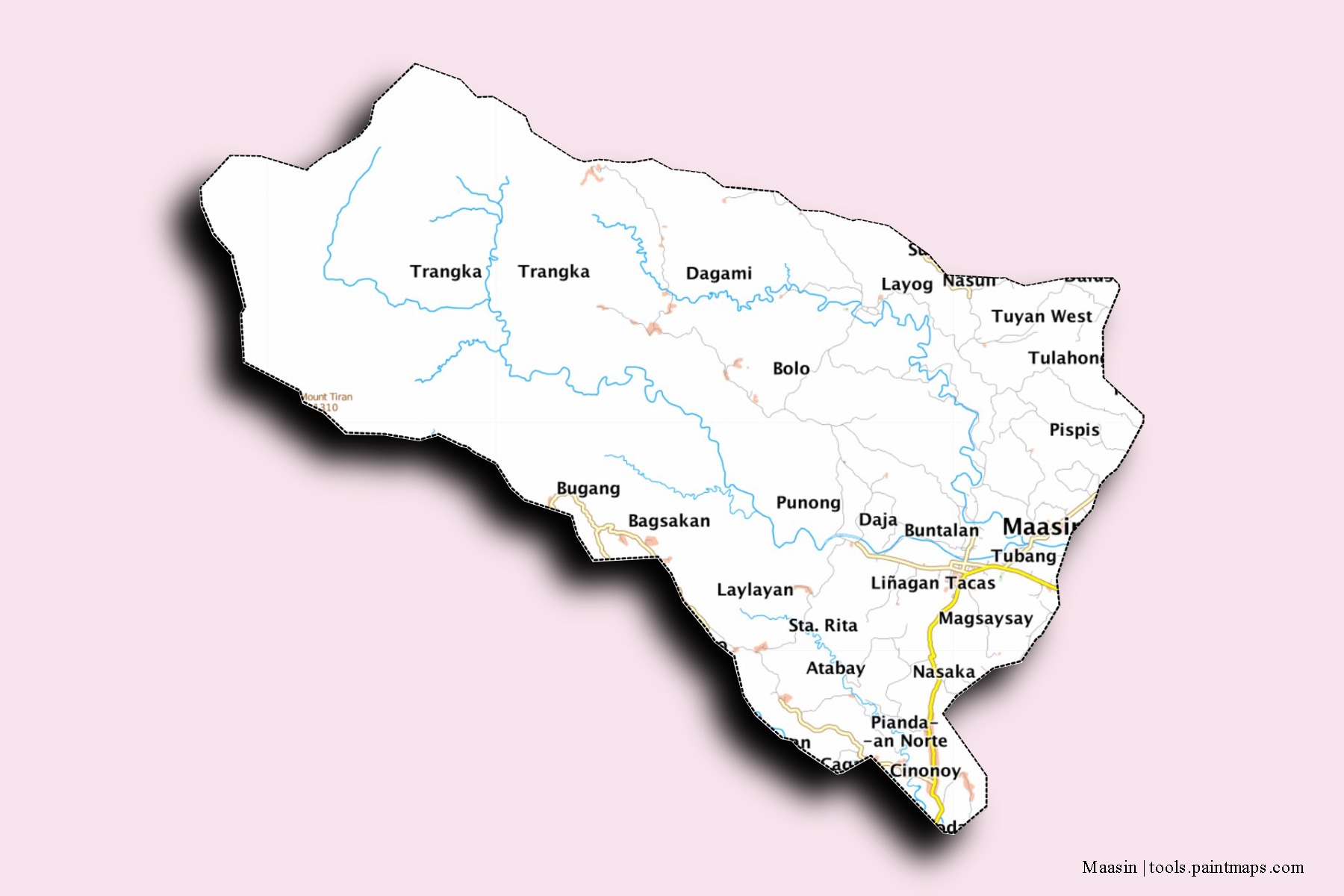 Mapa de barrios y pueblos de Maasin con efecto de sombra 3D