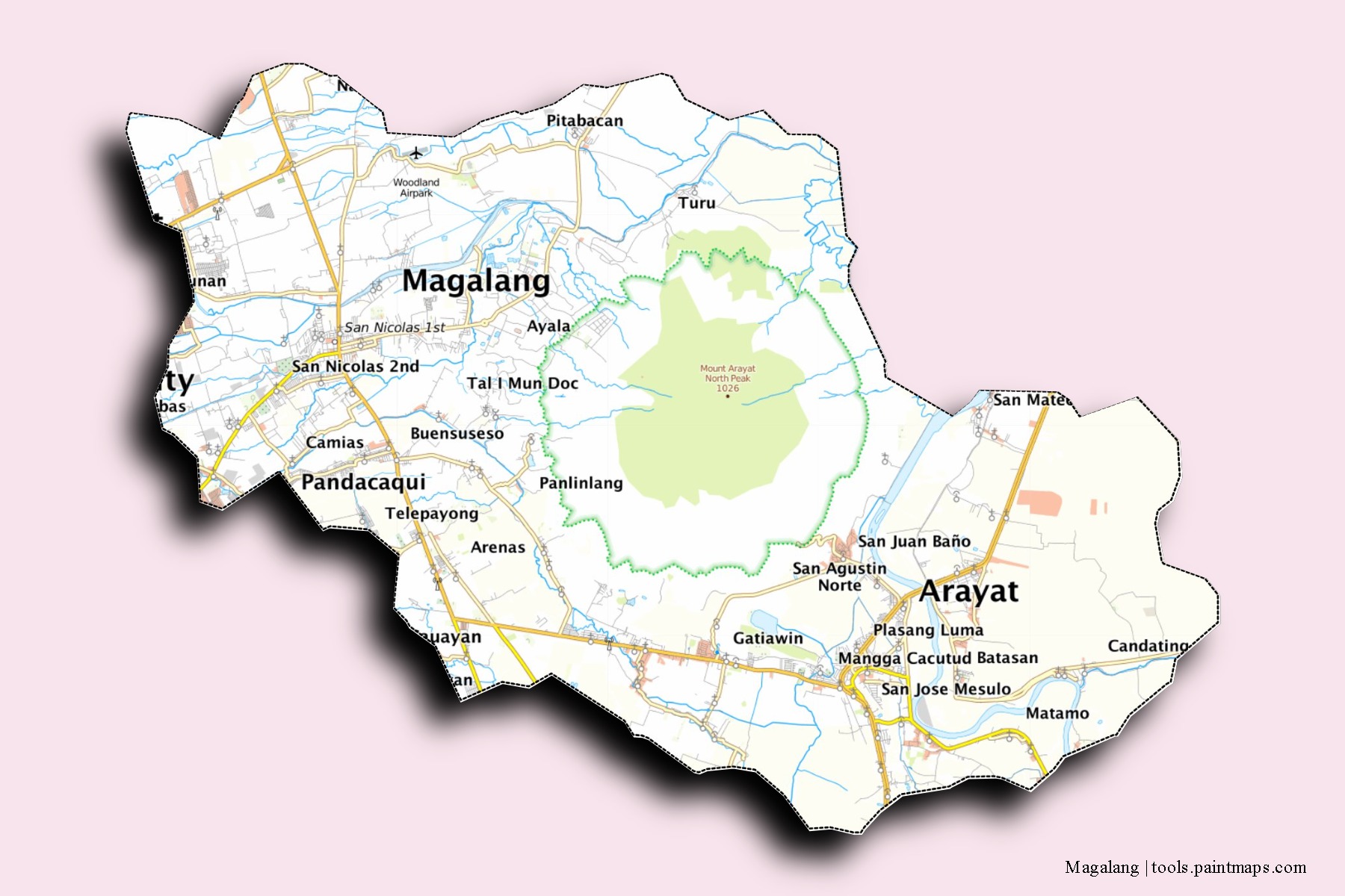 Mapa de barrios y pueblos de Magalang con efecto de sombra 3D