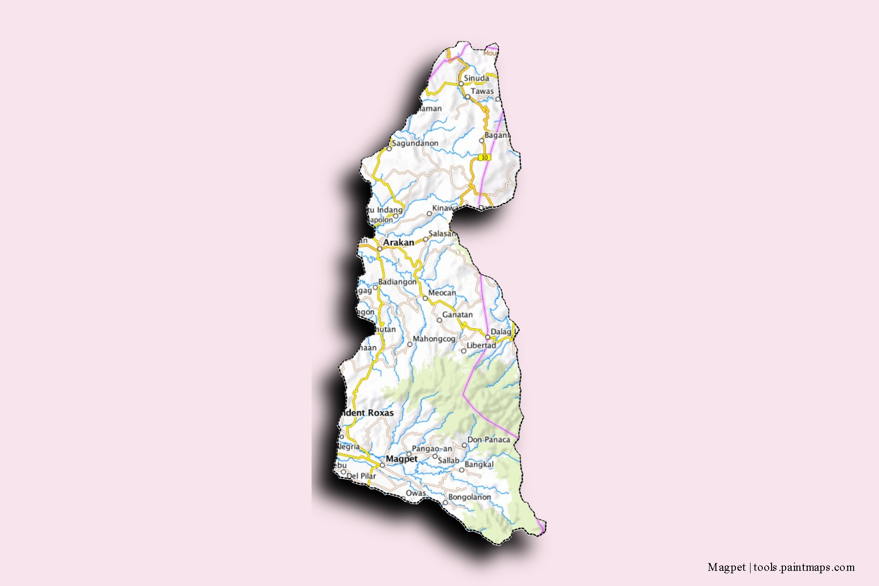 Mapa de barrios y pueblos de Magpet con efecto de sombra 3D