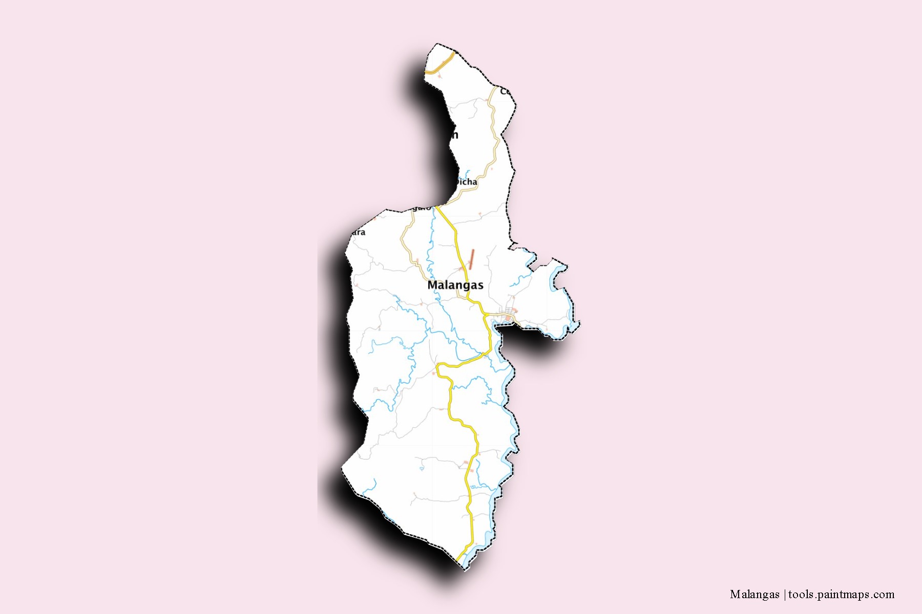 Mapa de barrios y pueblos de Malangas con efecto de sombra 3D