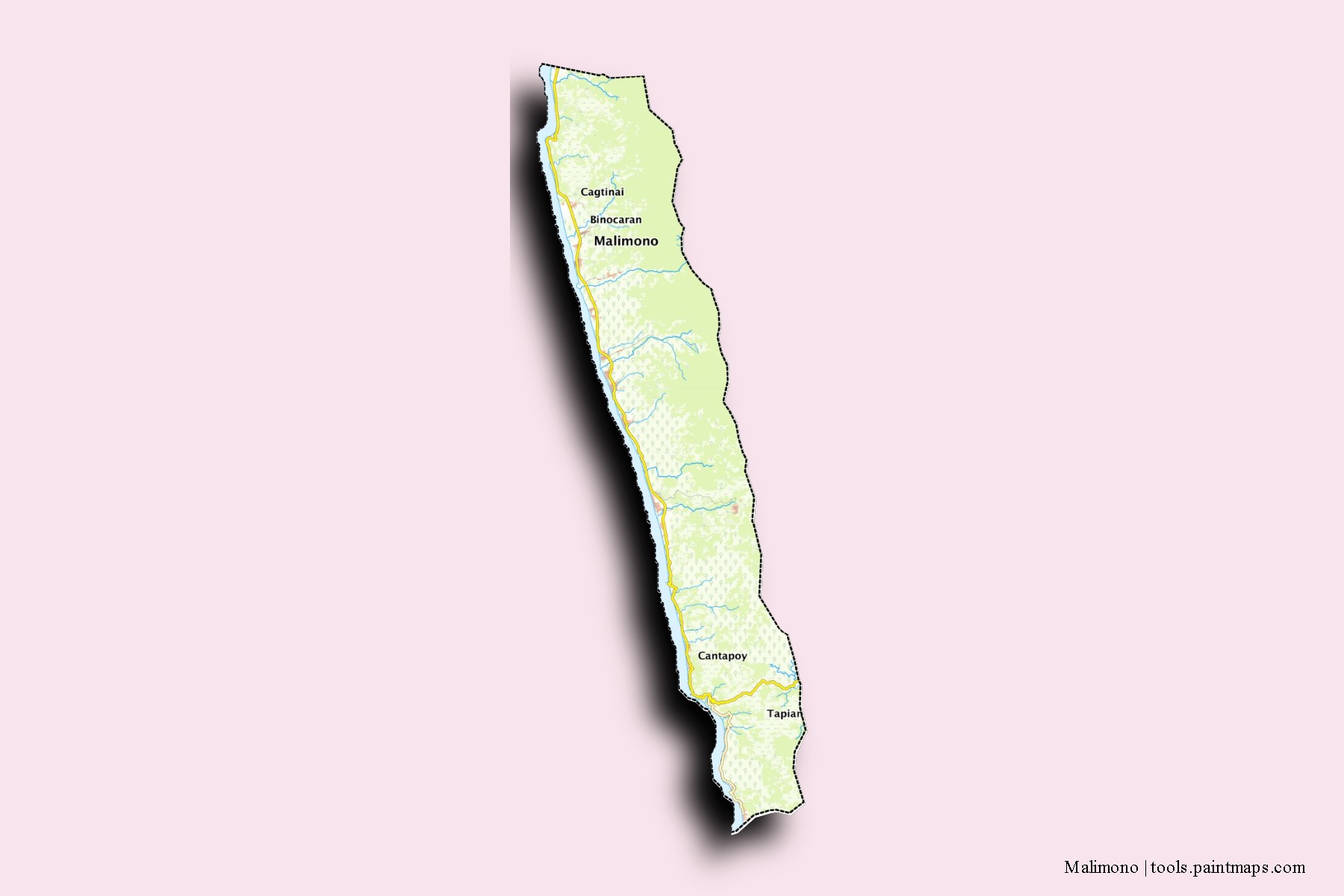 Mapa de barrios y pueblos de Malimono con efecto de sombra 3D