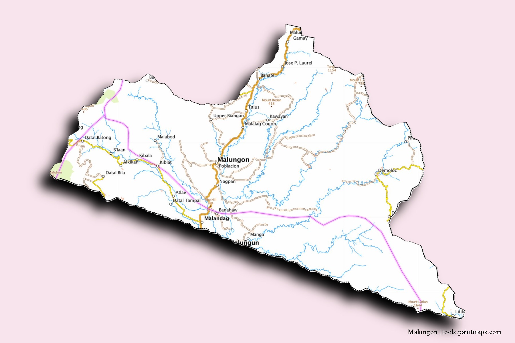 Mapa de barrios y pueblos de Malungon con efecto de sombra 3D