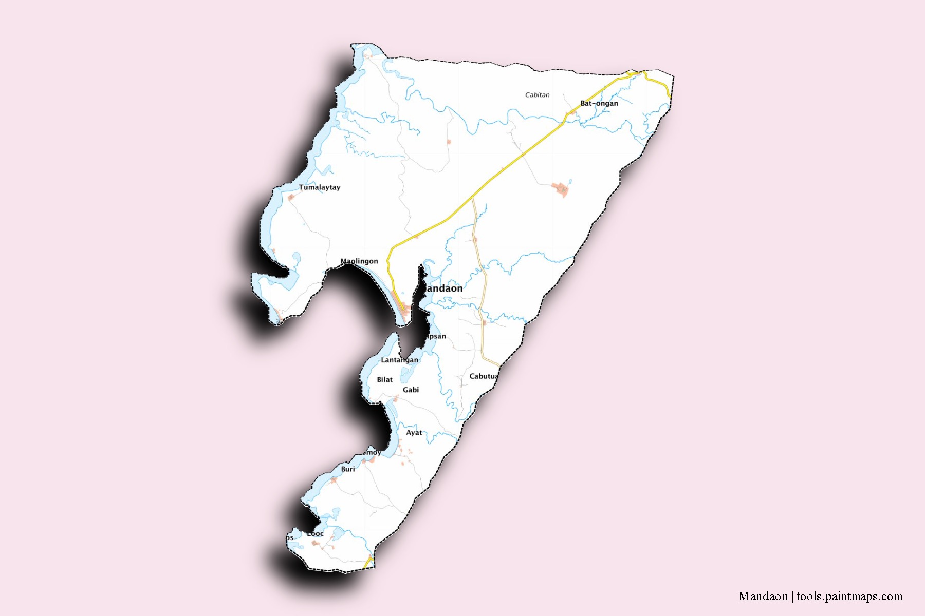 Mapa de barrios y pueblos de Mandaon con efecto de sombra 3D