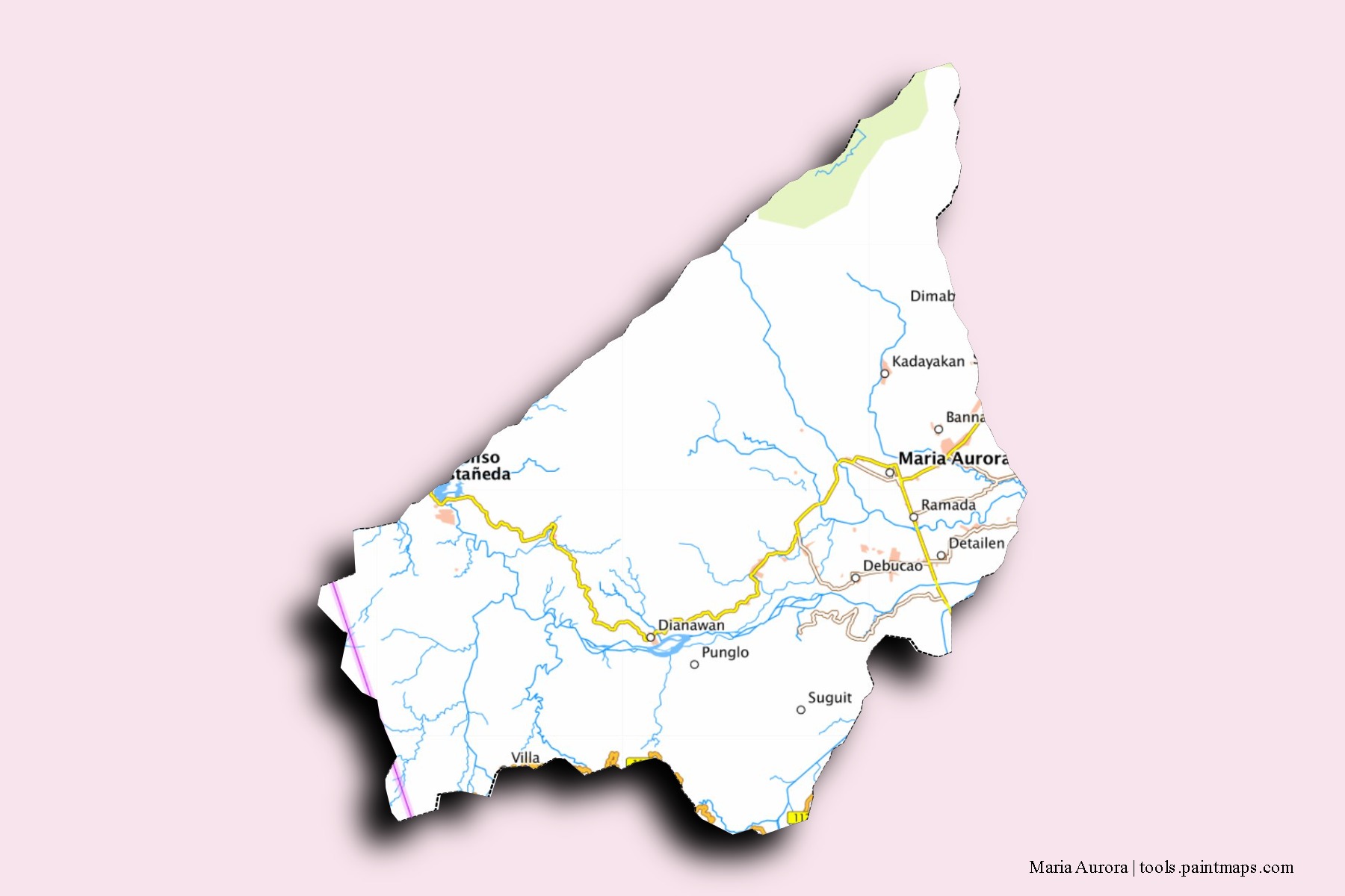 Mapa de barrios y pueblos de Maria Aurora con efecto de sombra 3D