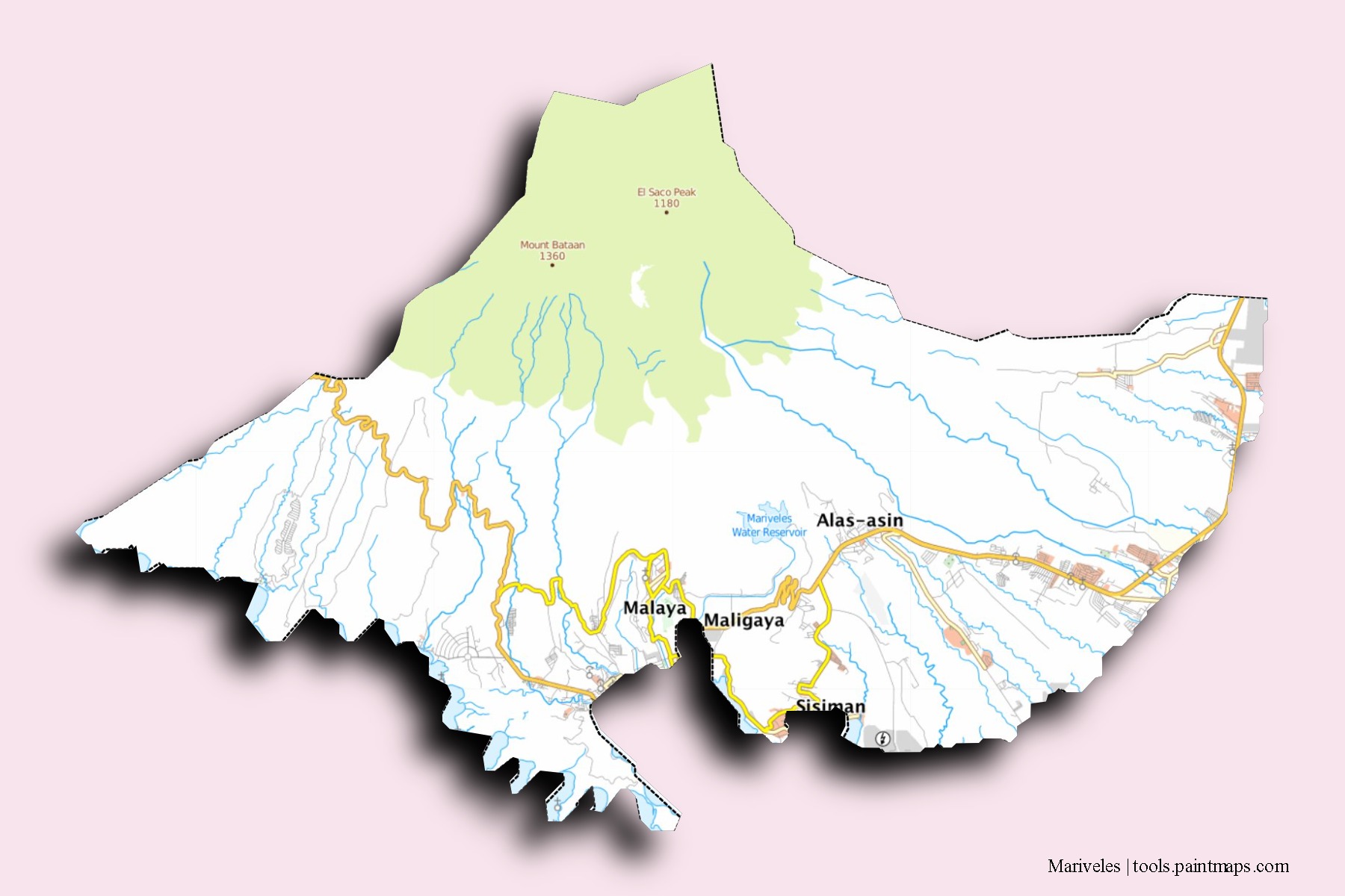 Mapa de barrios y pueblos de Mariveles con efecto de sombra 3D