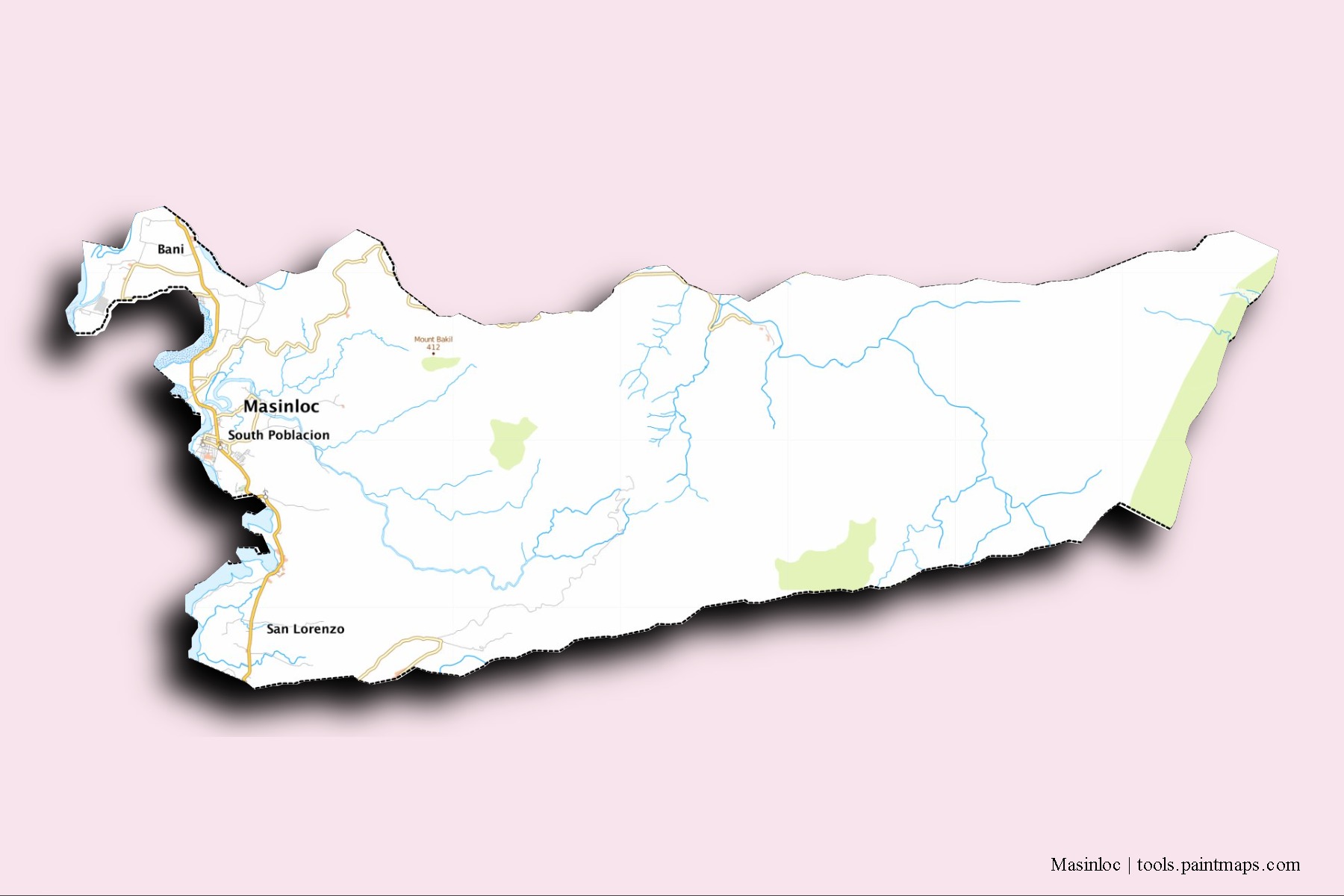 Masinloc neighborhoods and villages map with 3D shadow effect