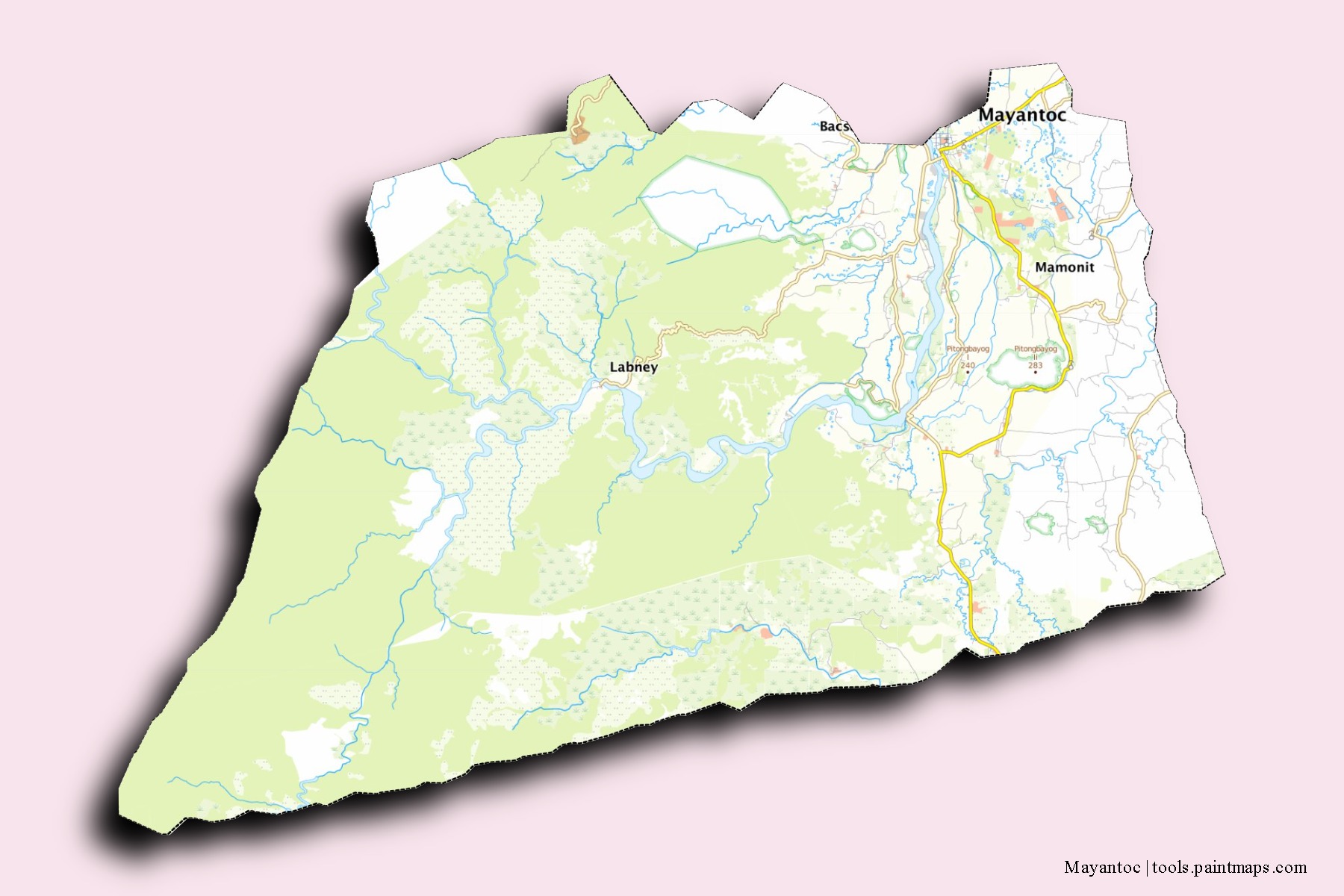 Mapa de barrios y pueblos de Mayantoc con efecto de sombra 3D