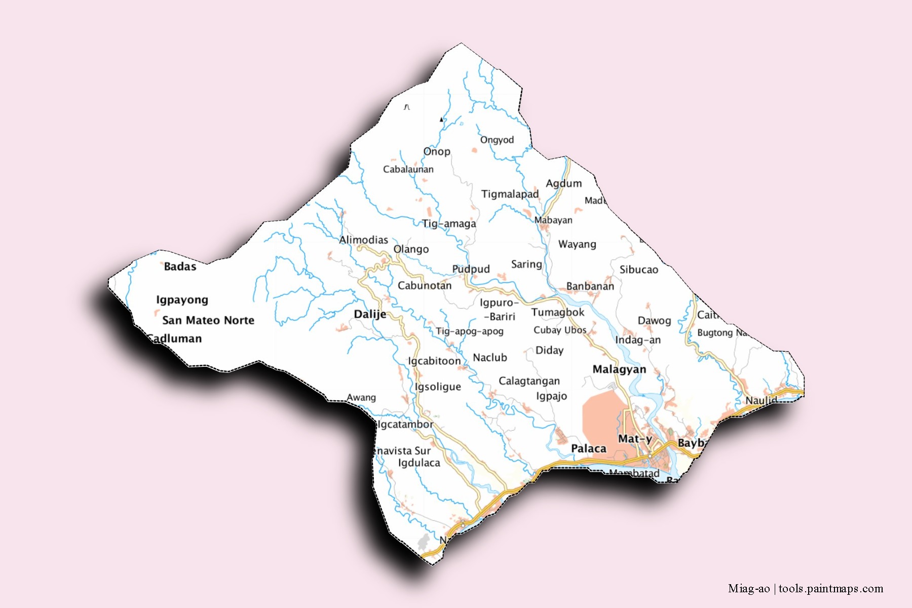 Mapa de barrios y pueblos de Miag-ao con efecto de sombra 3D