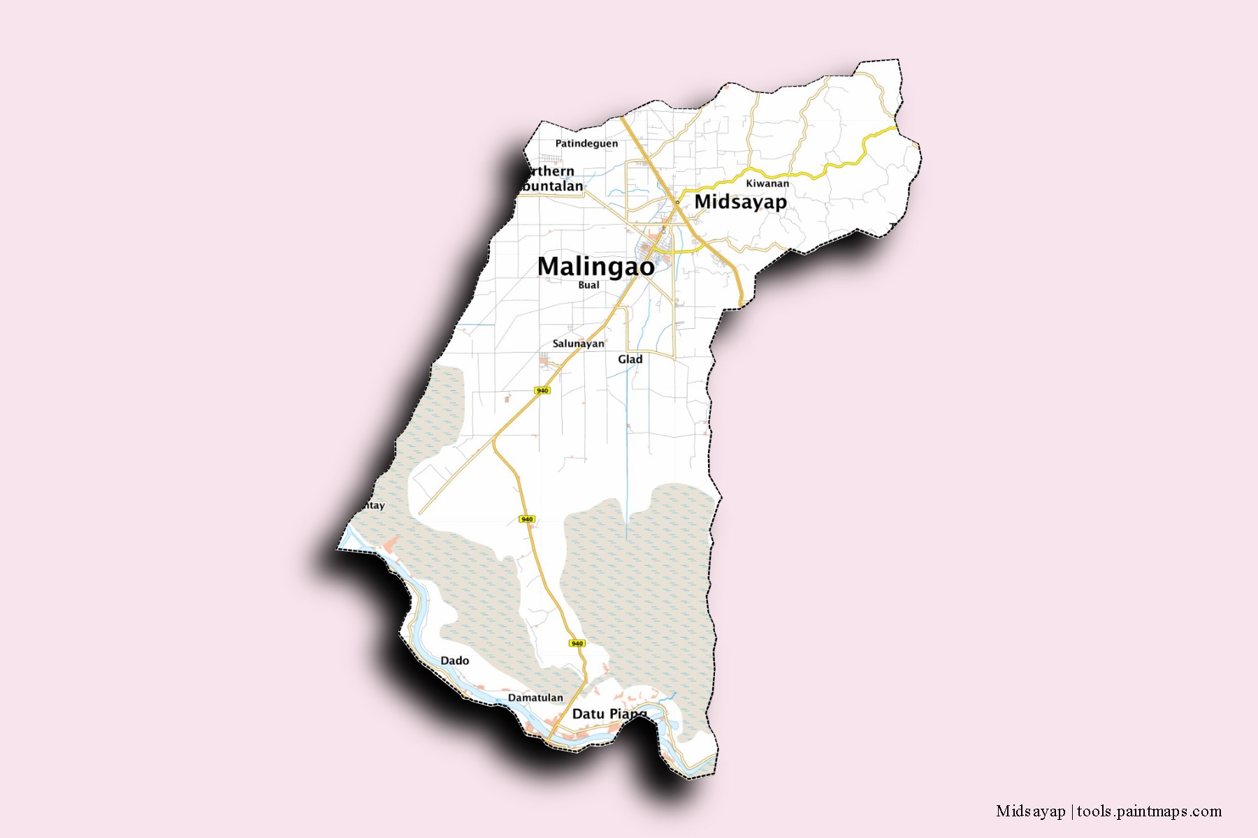 Mapa de barrios y pueblos de Midsayap con efecto de sombra 3D