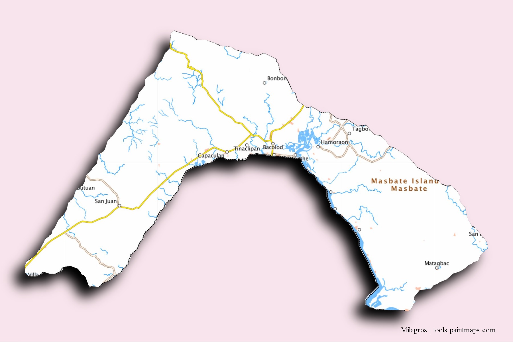 Milagros neighborhoods and villages map with 3D shadow effect