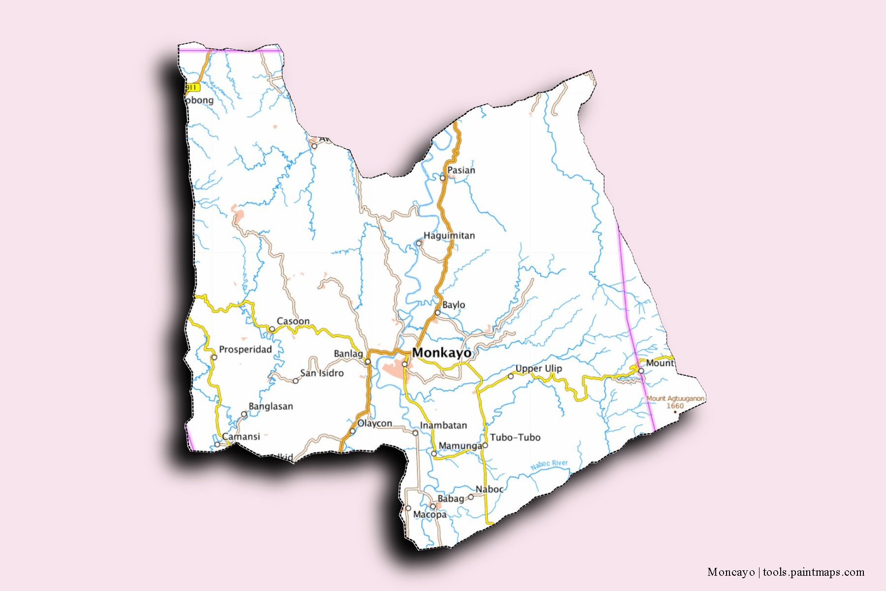 Mapa de barrios y pueblos de Moncayo con efecto de sombra 3D