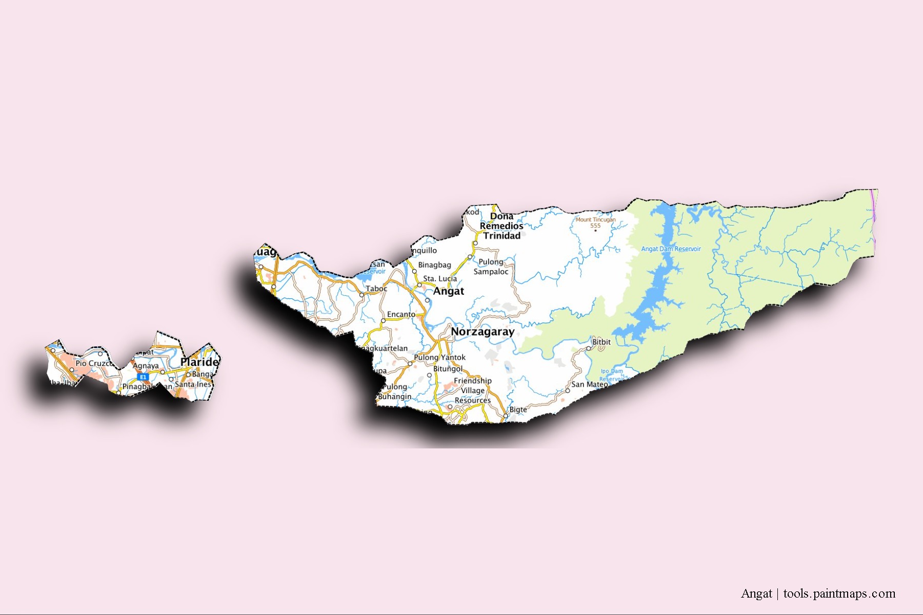 Mapa de barrios y pueblos de Angat con efecto de sombra 3D