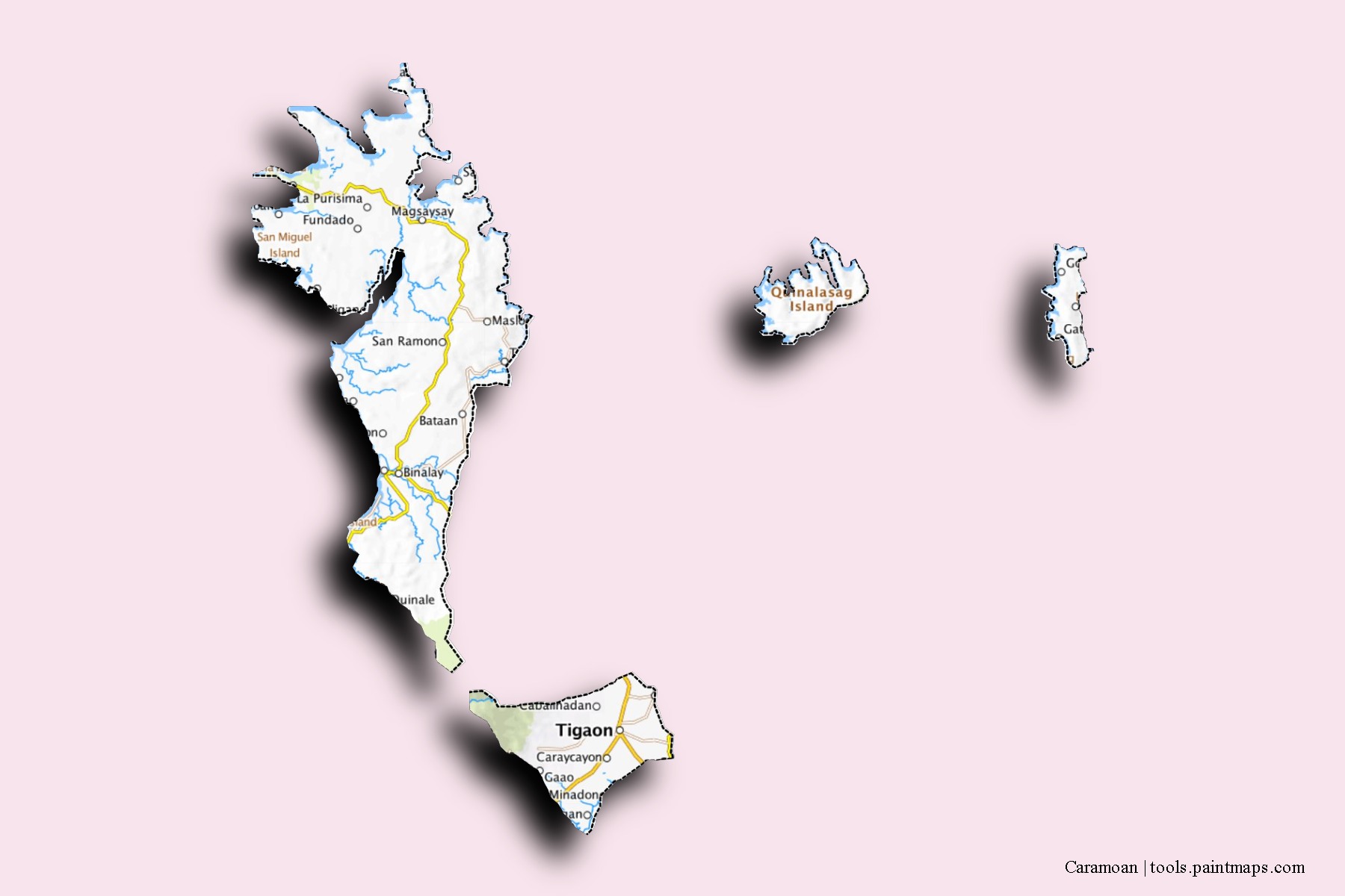 Caramoan neighborhoods and villages map with 3D shadow effect