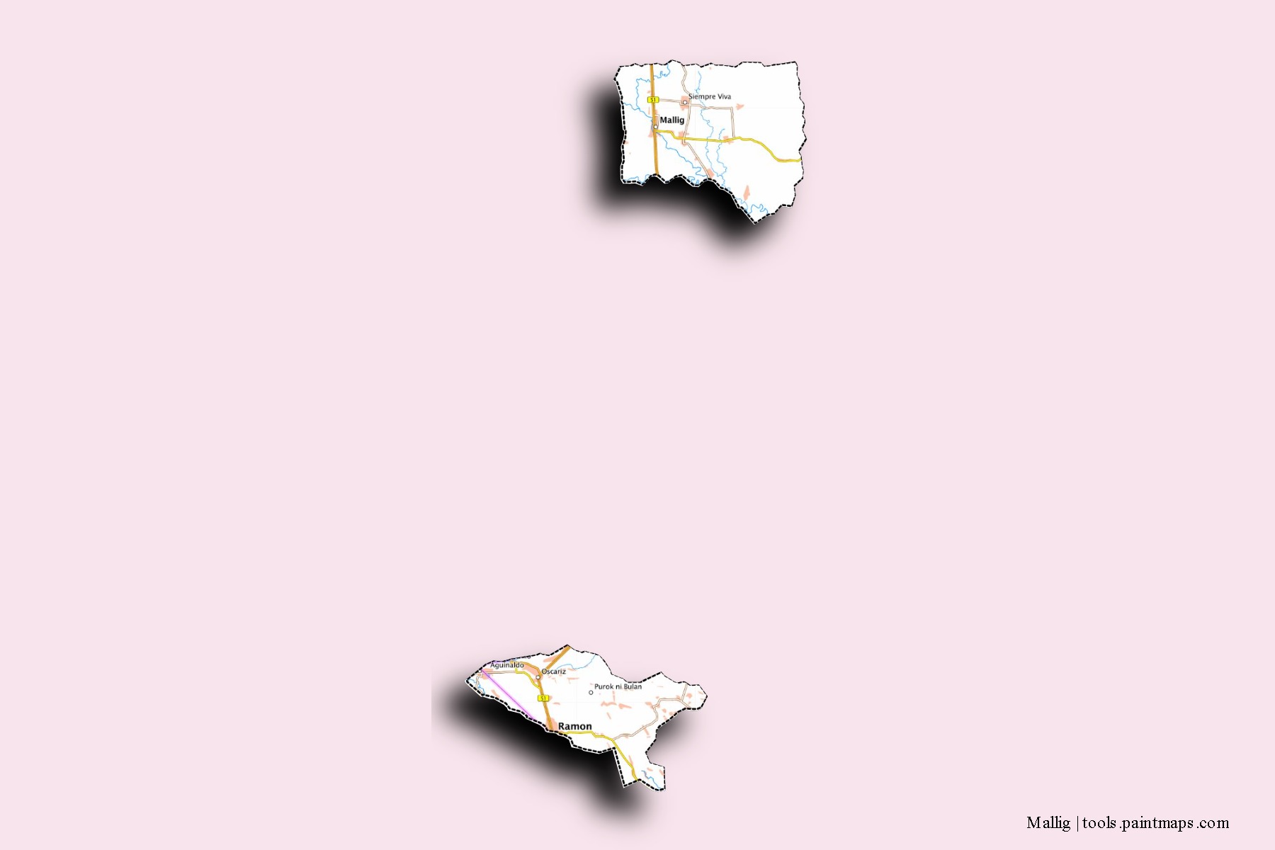 Mapa de barrios y pueblos de Mallig con efecto de sombra 3D