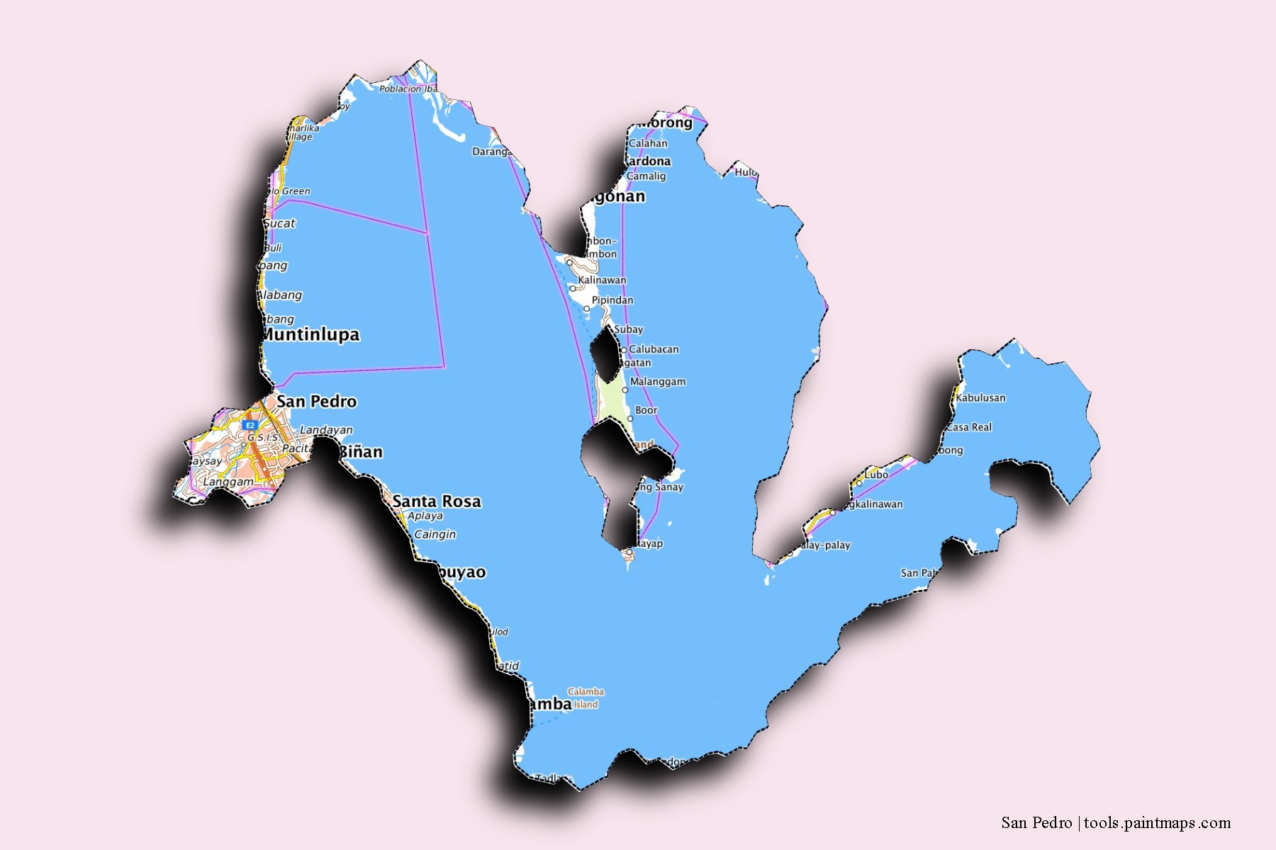 San Pedro neighborhoods and villages map with 3D shadow effect