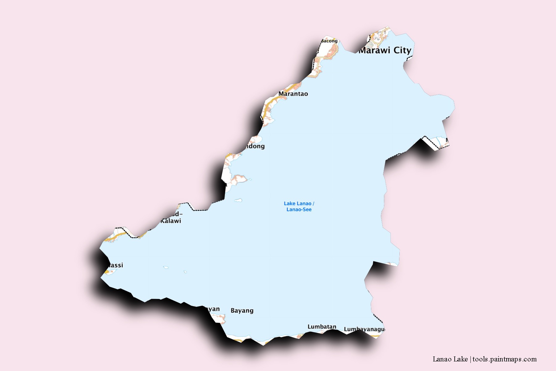 Lanao Lake neighborhoods and villages map with 3D shadow effect