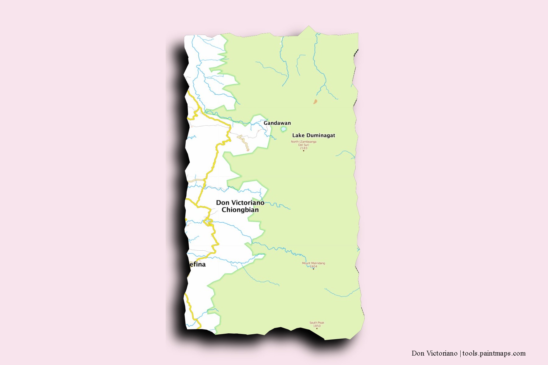 Mapa de barrios y pueblos de Don Victoriano con efecto de sombra 3D