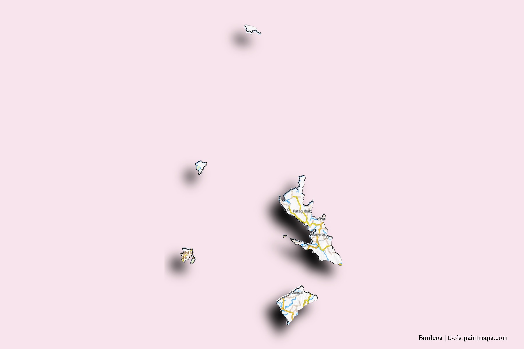 Mapa de barrios y pueblos de Burdeos con efecto de sombra 3D