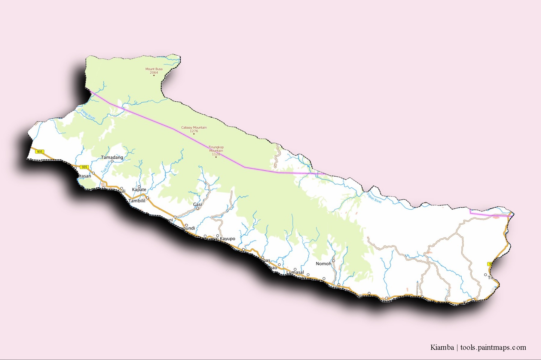 Kiamba neighborhoods and villages map with 3D shadow effect