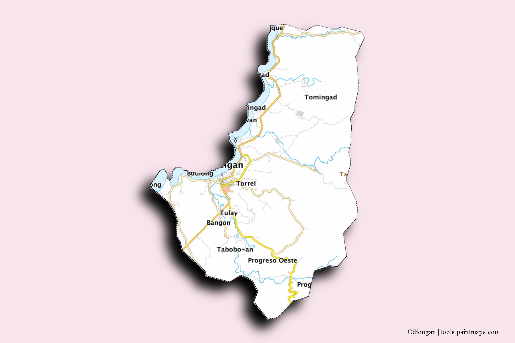 Mapa de barrios y pueblos de Odiongan con efecto de sombra 3D