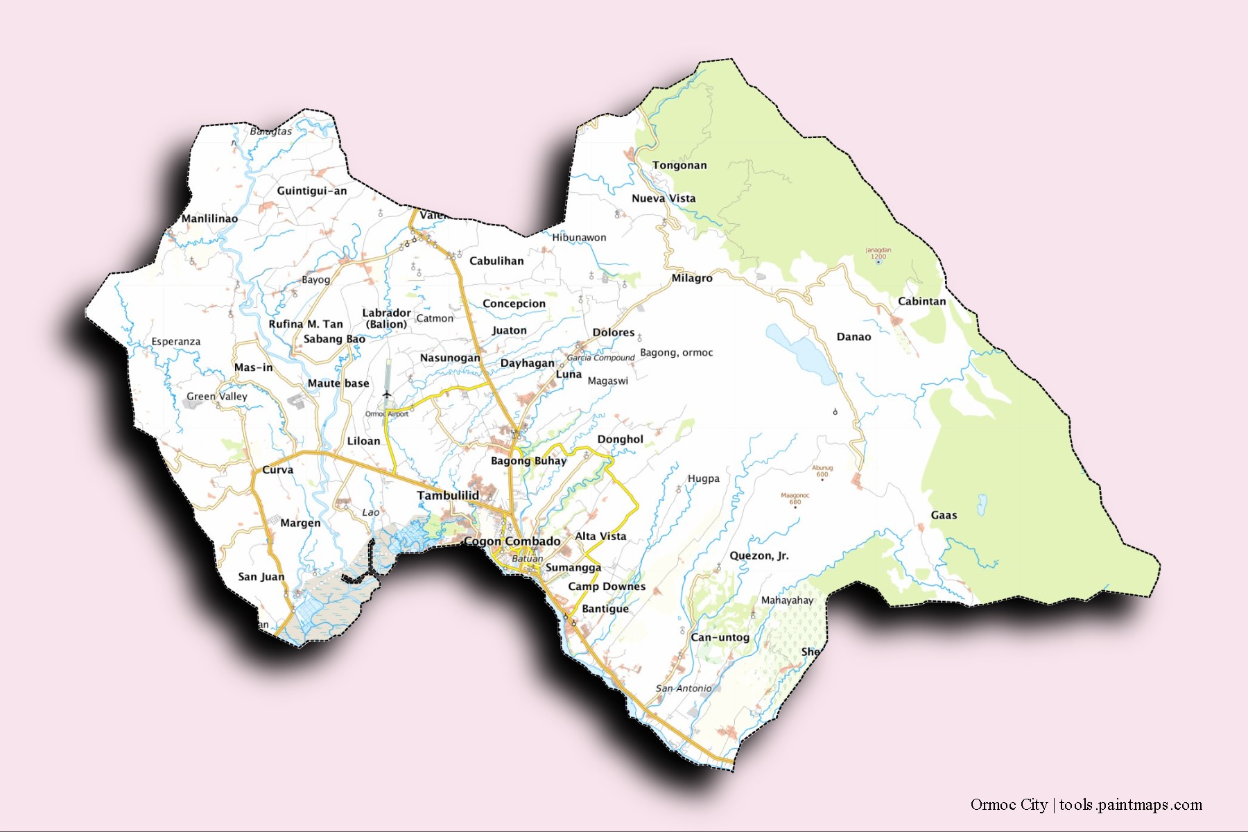 Ormoc City neighborhoods and villages map with 3D shadow effect