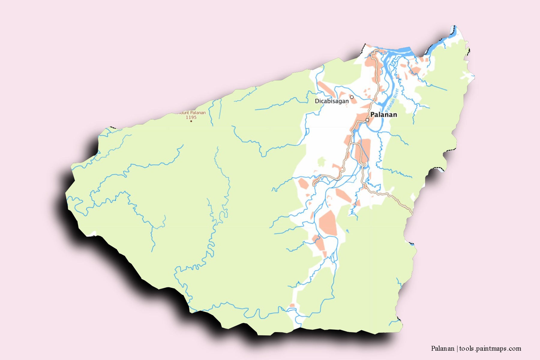 Mapa de barrios y pueblos de Palanan con efecto de sombra 3D