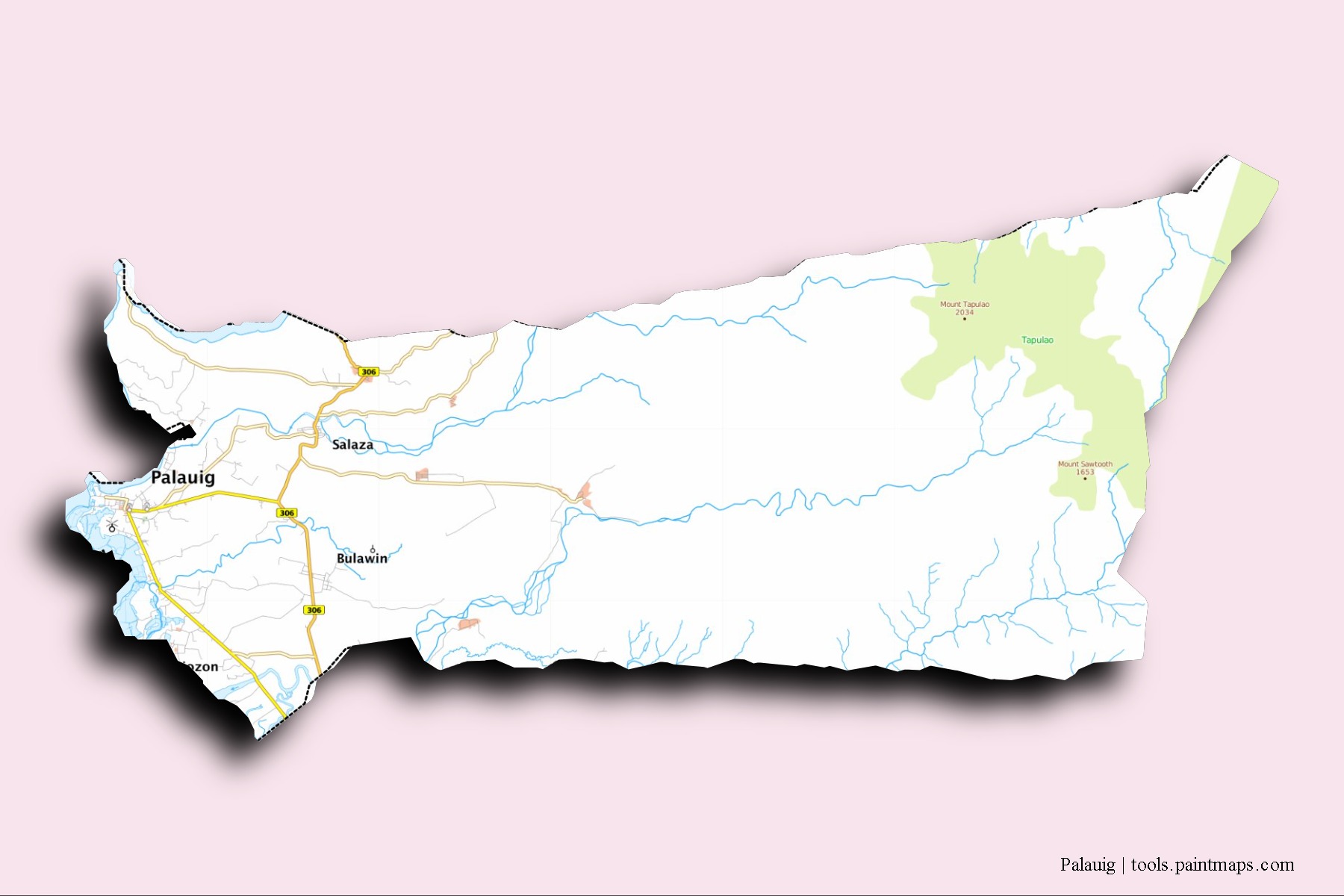 Palauig neighborhoods and villages map with 3D shadow effect