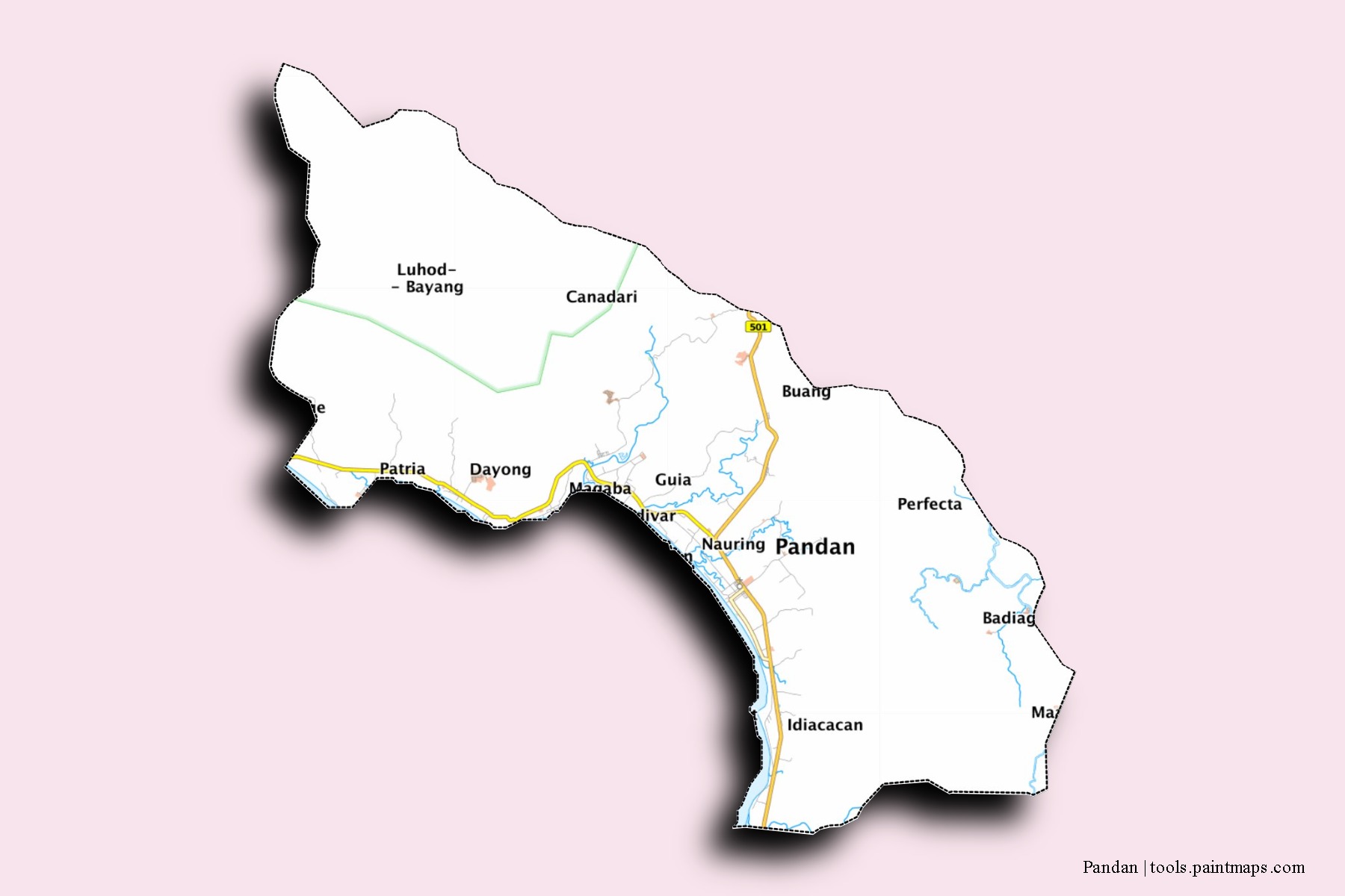 Mapa de barrios y pueblos de Pandan con efecto de sombra 3D