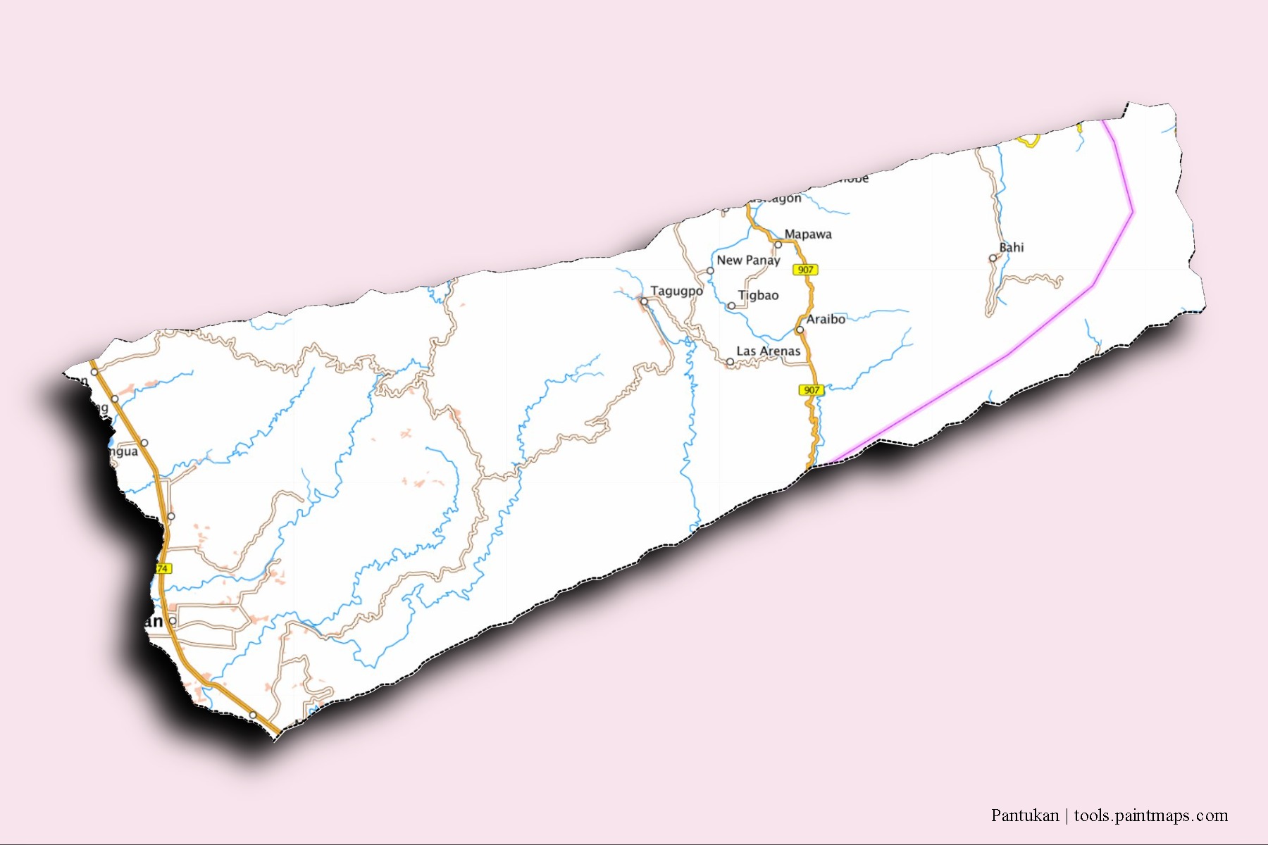 Mapa de barrios y pueblos de Pantukan con efecto de sombra 3D