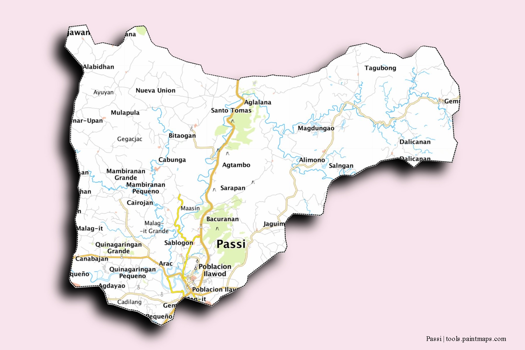 Mapa de barrios y pueblos de Passi con efecto de sombra 3D