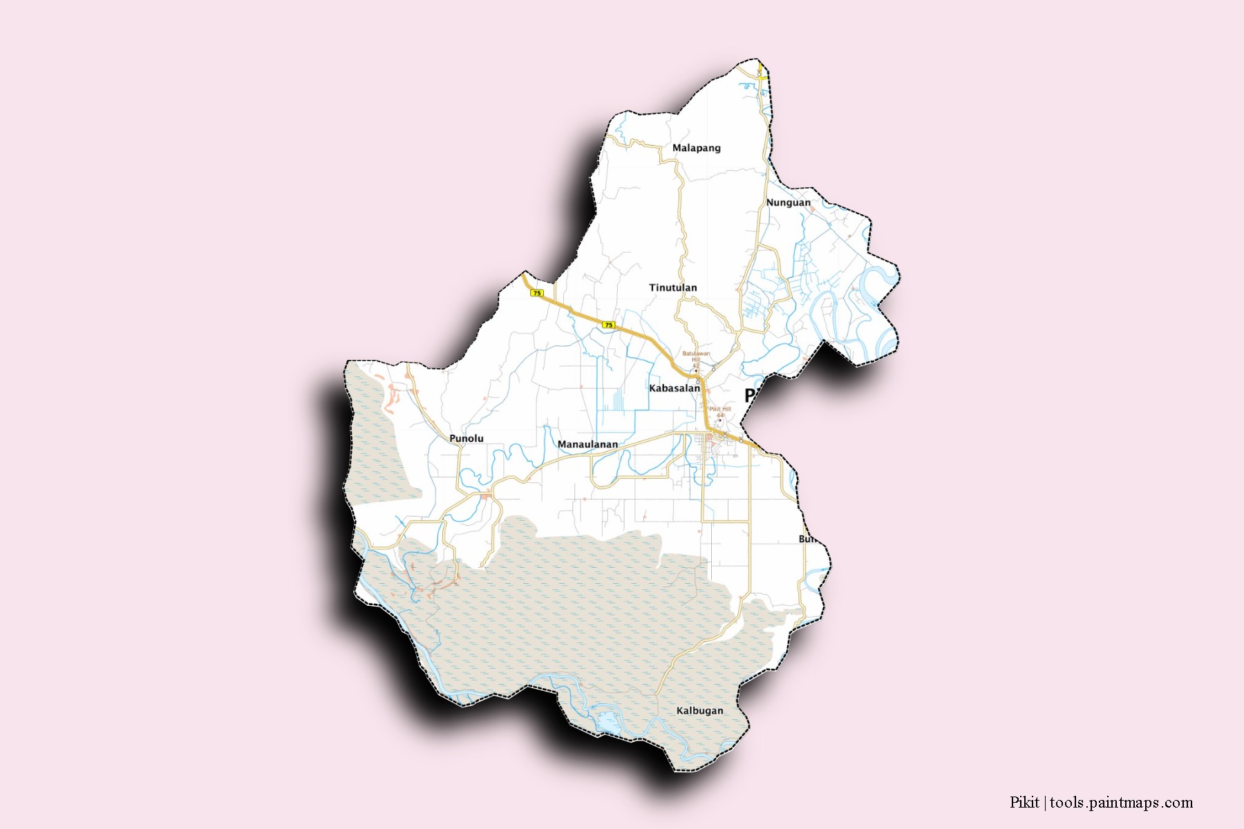 Mapa de barrios y pueblos de Pikit con efecto de sombra 3D