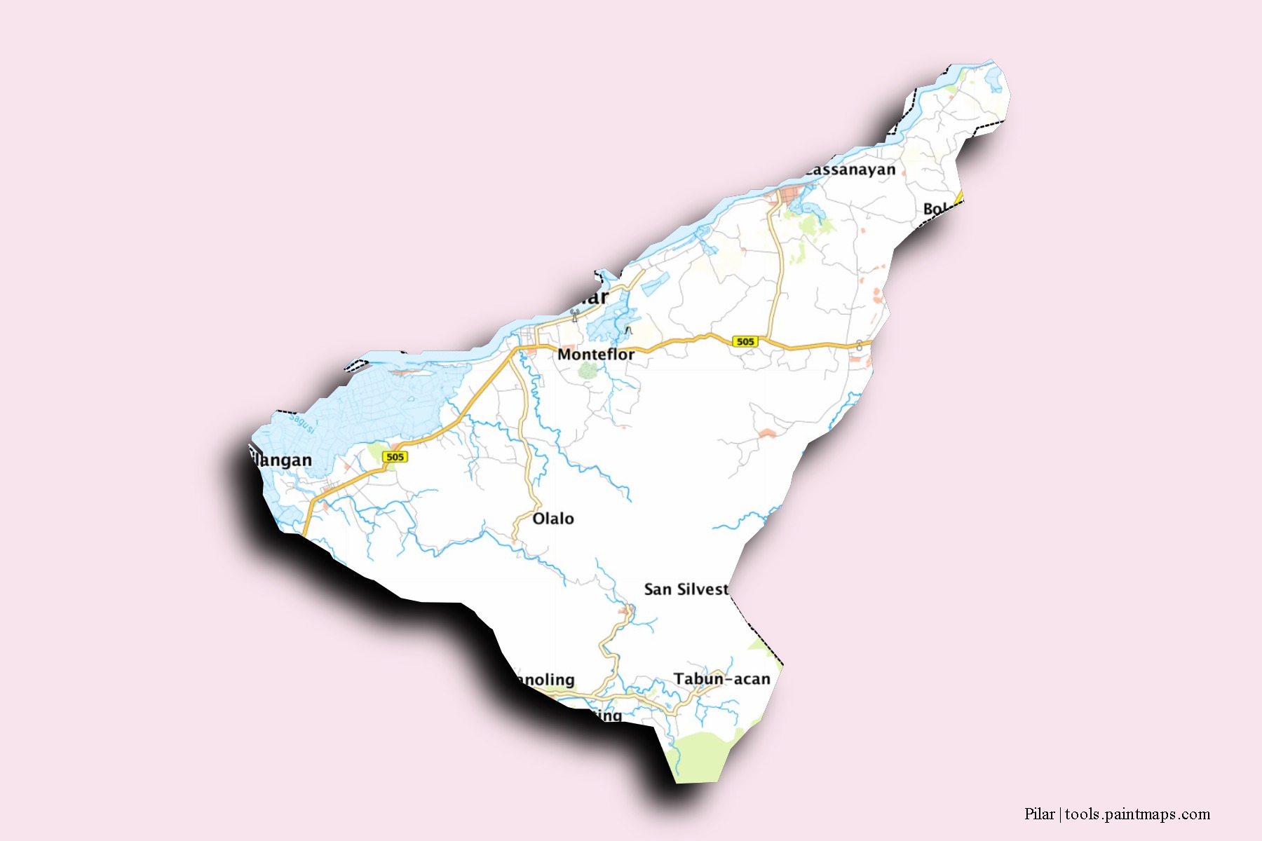 Mapa de barrios y pueblos de Pilar con efecto de sombra 3D