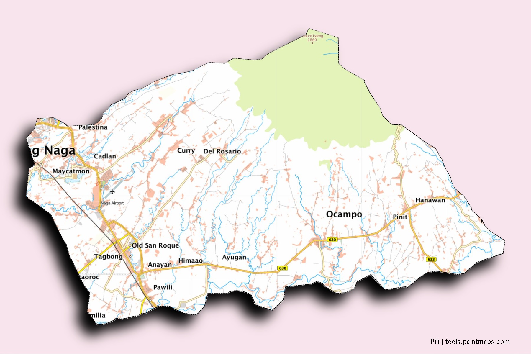 Mapa de barrios y pueblos de Pili con efecto de sombra 3D