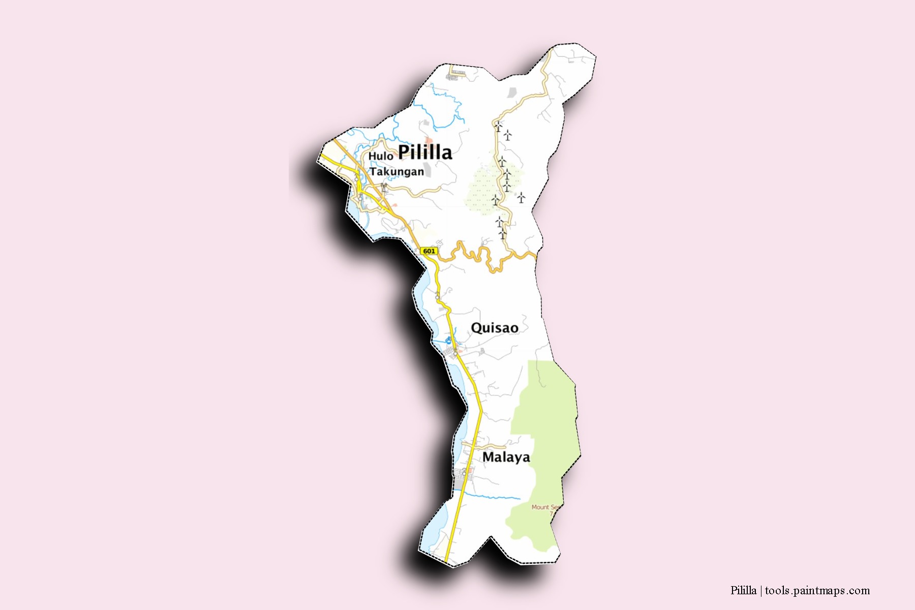 Mapa de barrios y pueblos de Pililla con efecto de sombra 3D