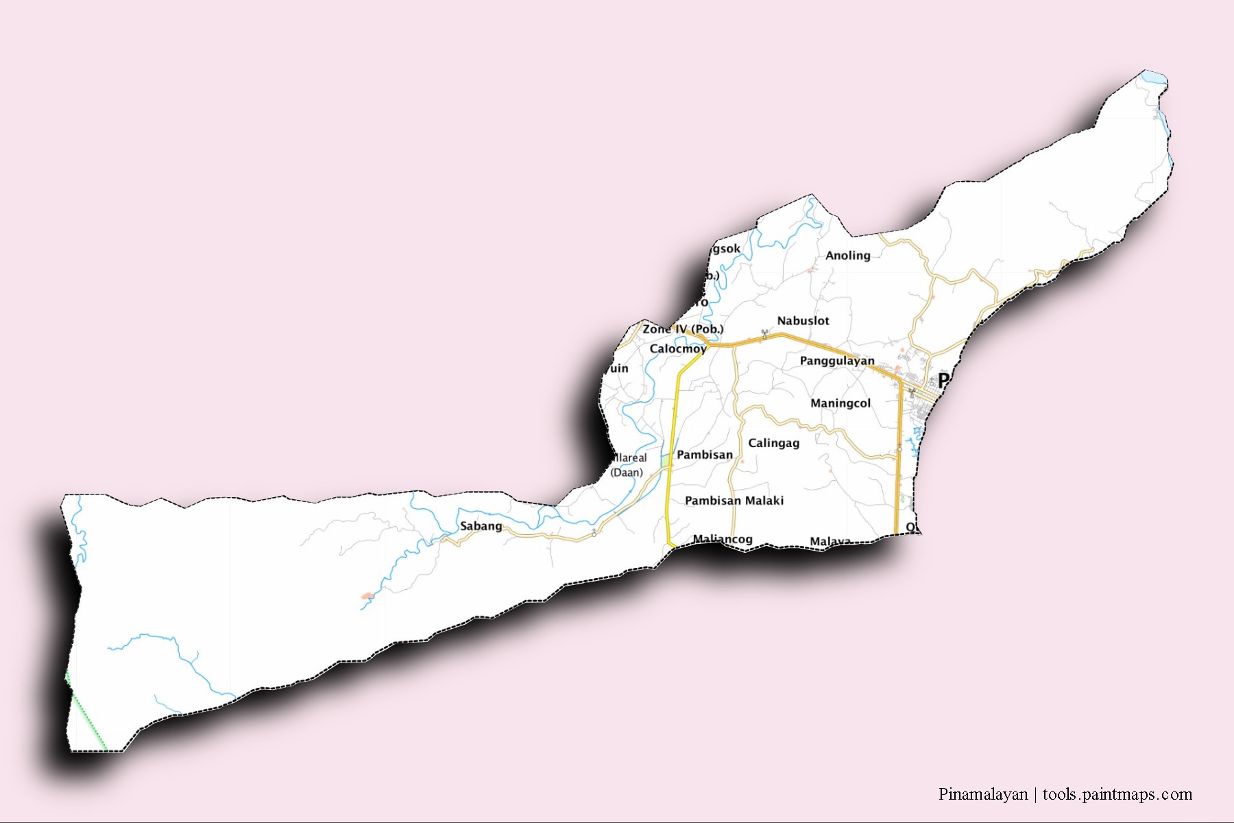 Mapa de barrios y pueblos de Pinamalayan con efecto de sombra 3D