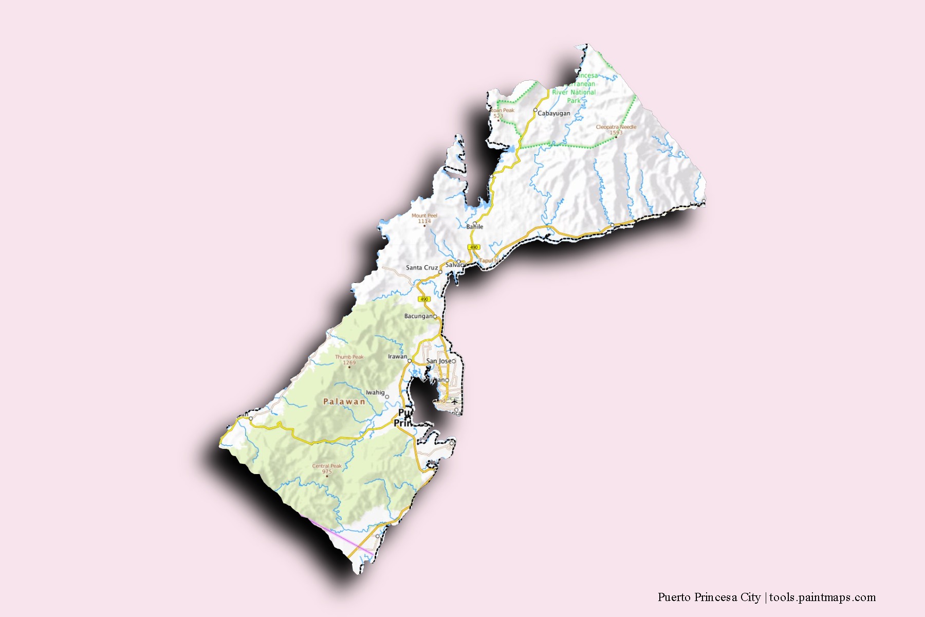 Mapa de barrios y pueblos de Puerto Princesa City con efecto de sombra 3D