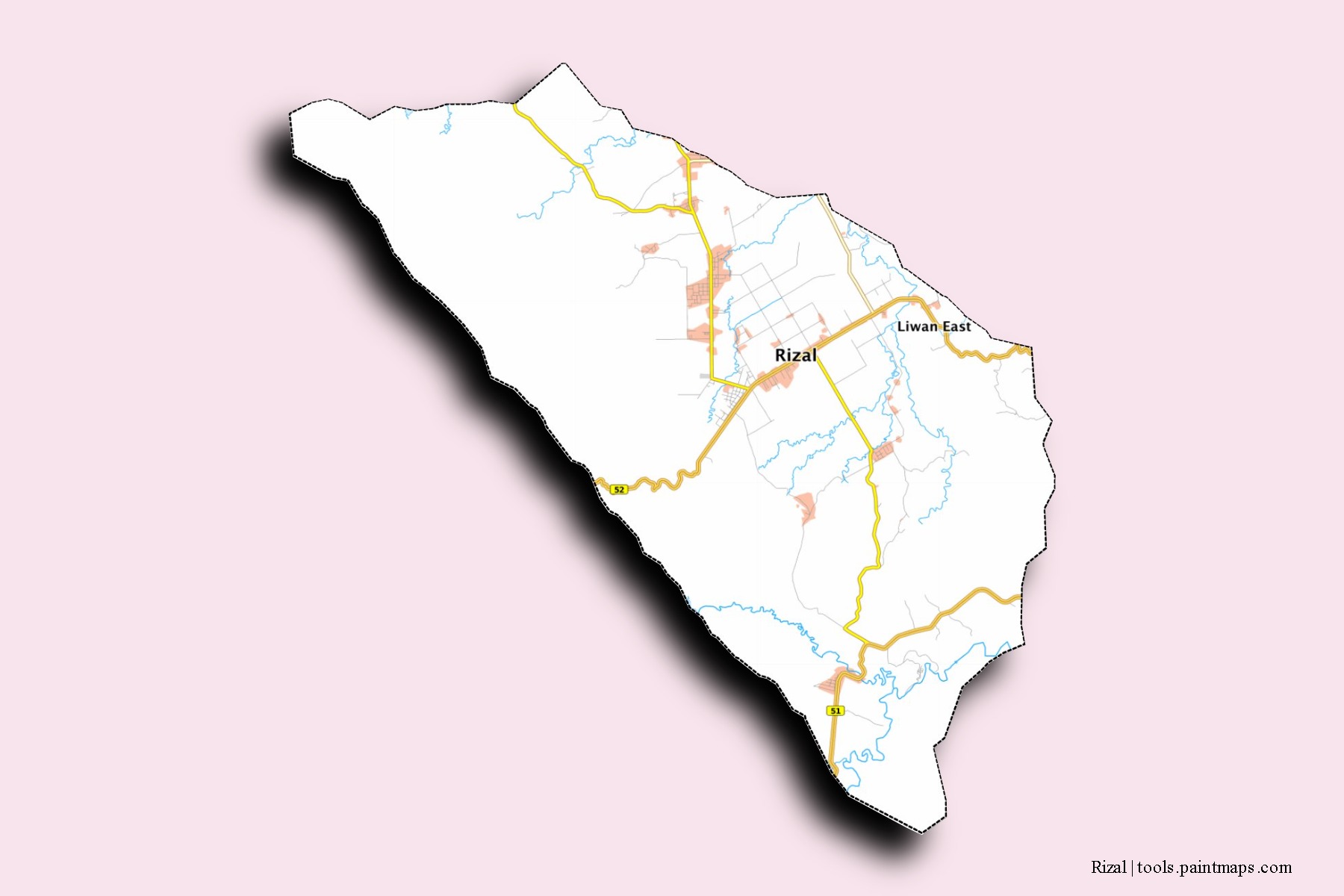 Mapa de barrios y pueblos de Rizal con efecto de sombra 3D