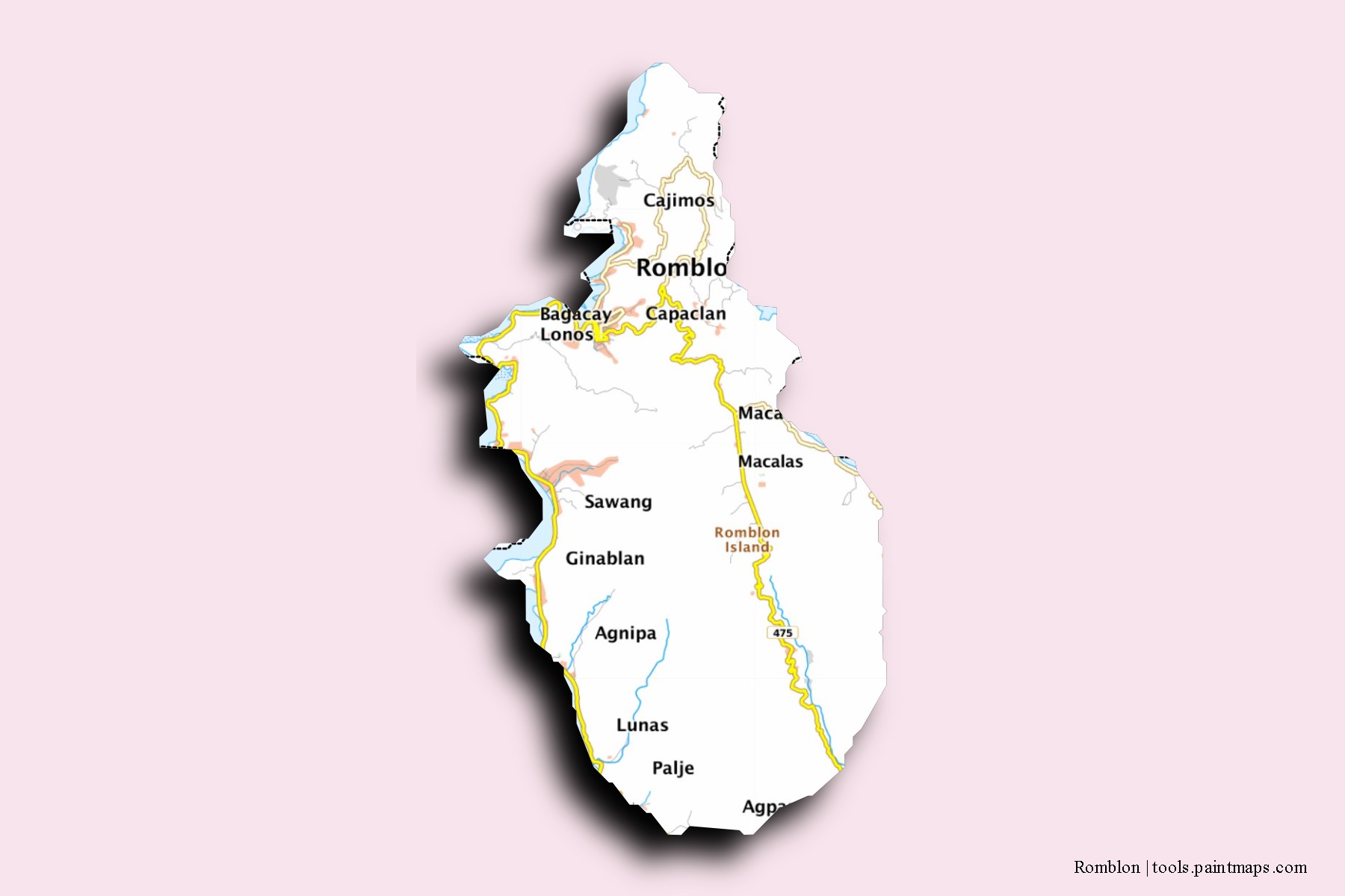 Romblon neighborhoods and villages map with 3D shadow effect