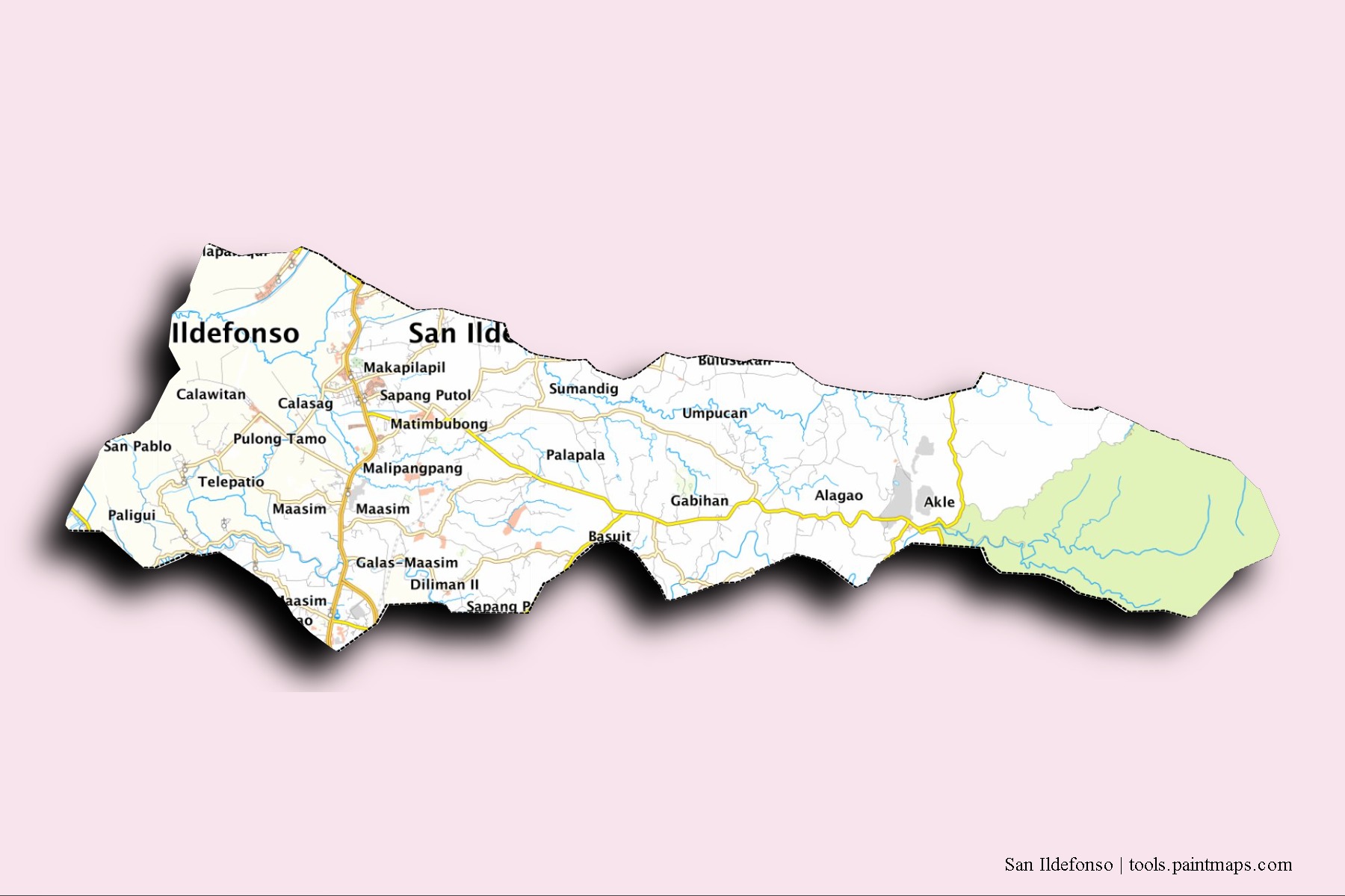 Mapa de barrios y pueblos de San Ildefonso con efecto de sombra 3D