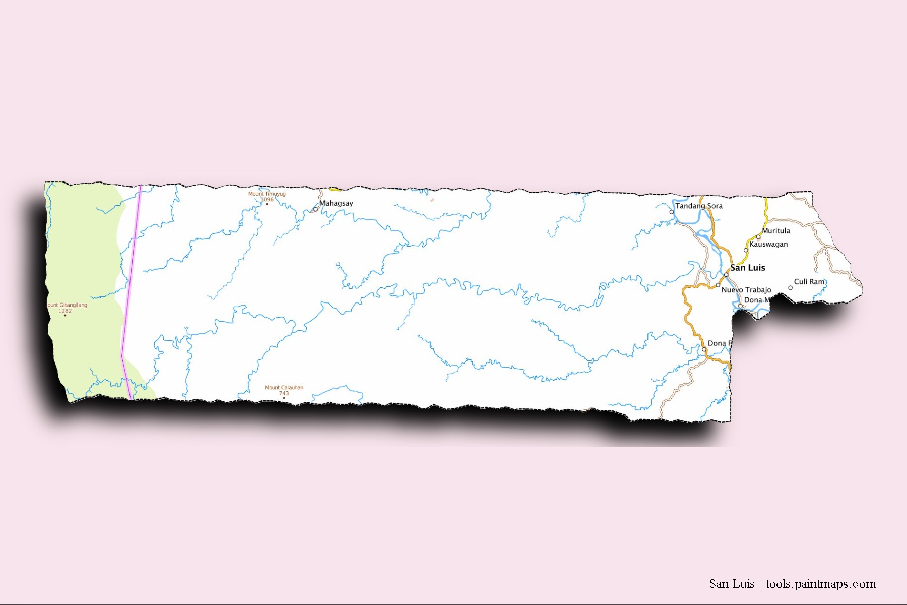 Mapa de barrios y pueblos de San Luis con efecto de sombra 3D