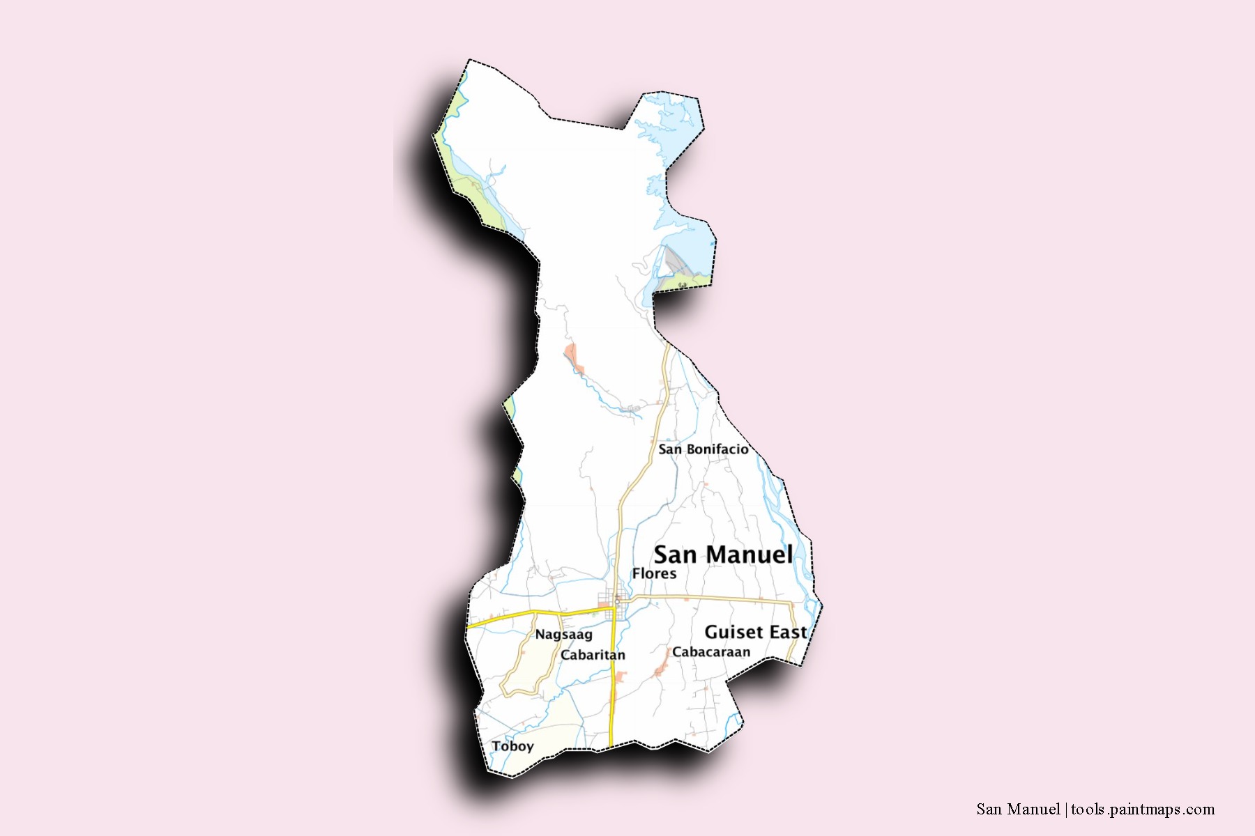 Mapa de barrios y pueblos de San Manuel con efecto de sombra 3D