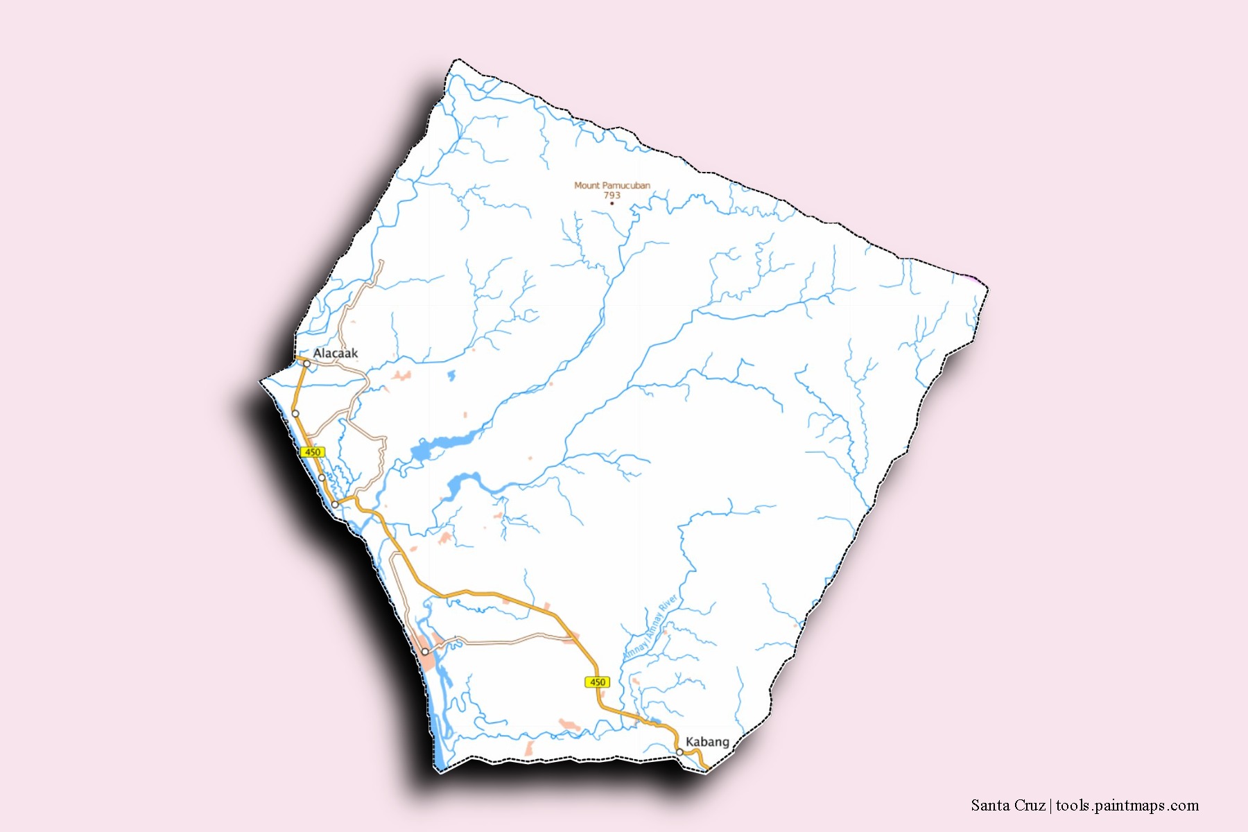 Mapa de barrios y pueblos de Santa Cruz con efecto de sombra 3D