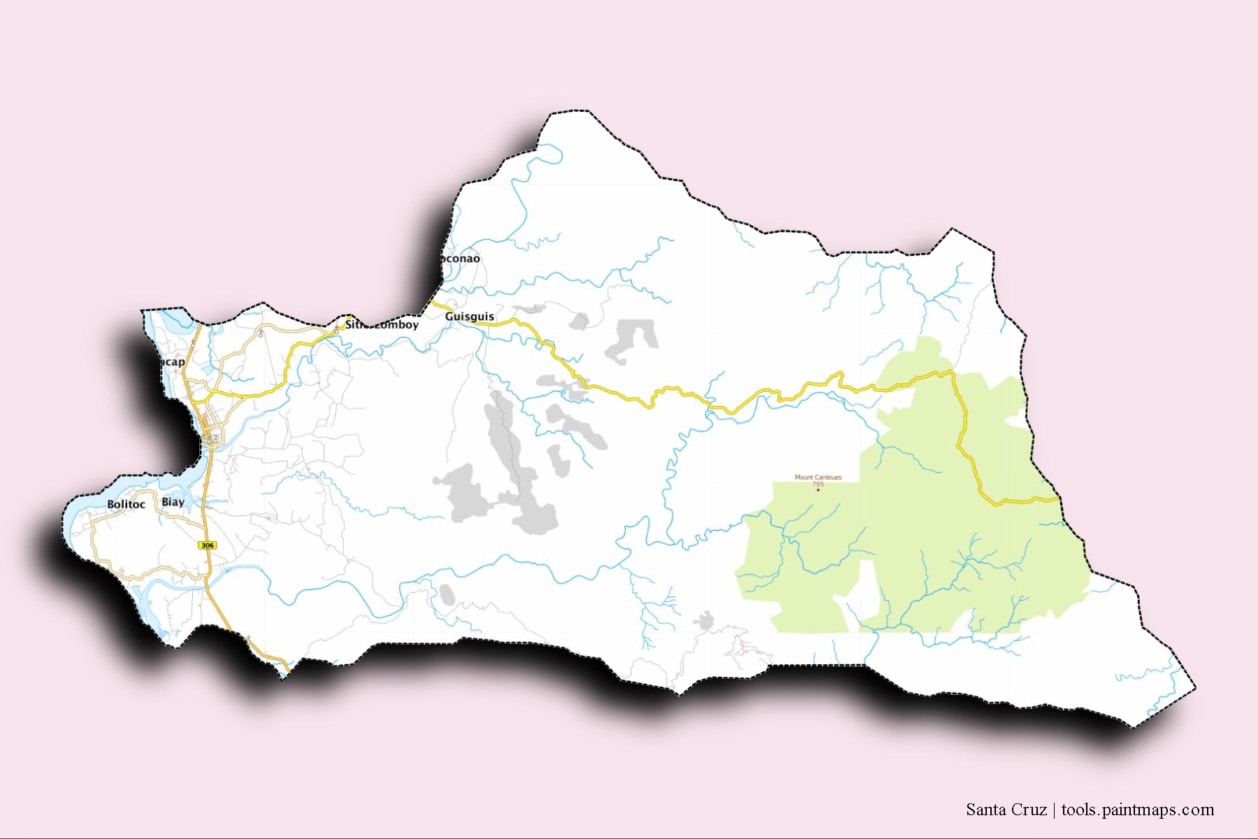 Mapa de barrios y pueblos de Santa Cruz con efecto de sombra 3D