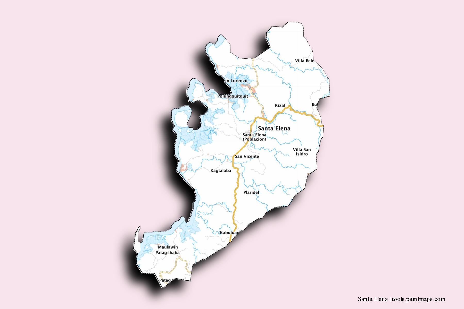 Mapa de barrios y pueblos de Santa Elena con efecto de sombra 3D