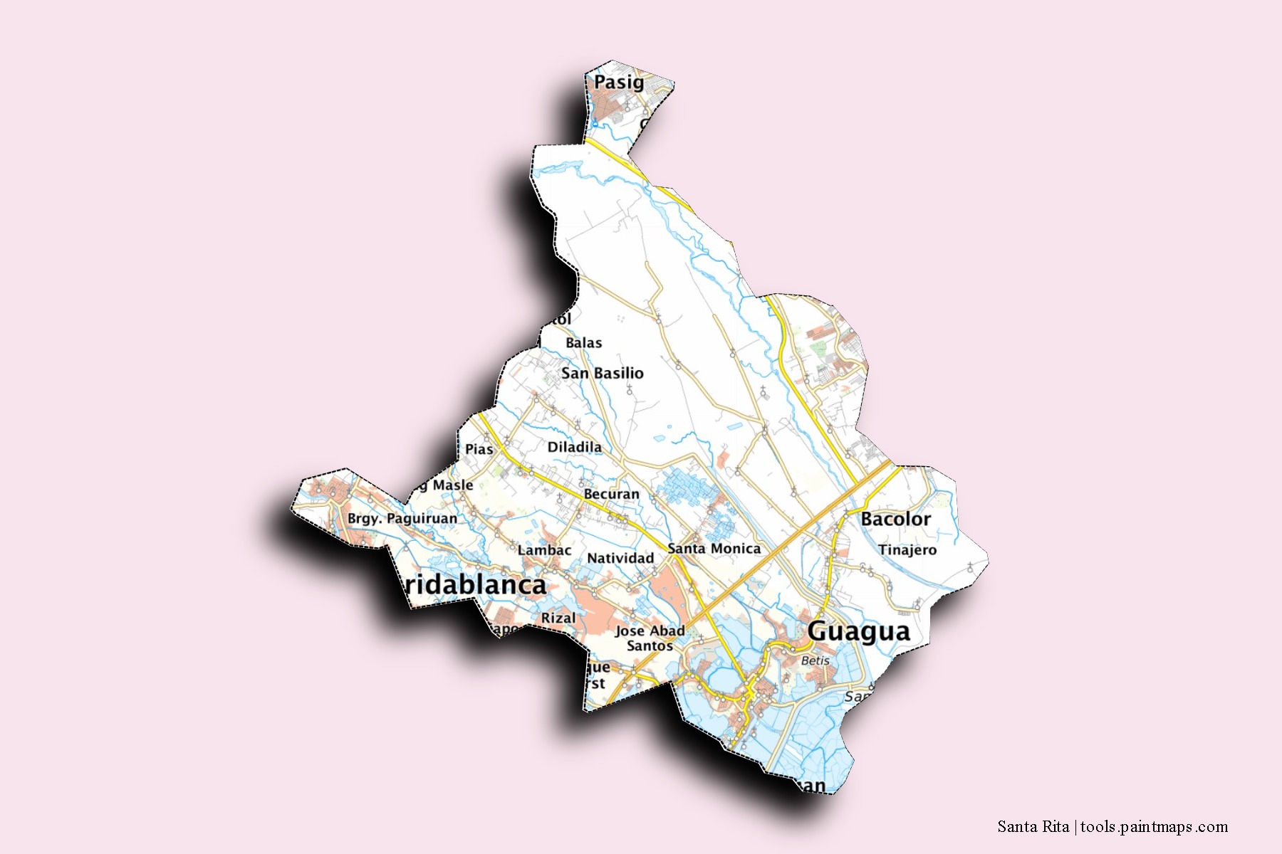 Mapa de barrios y pueblos de Santa Rita con efecto de sombra 3D