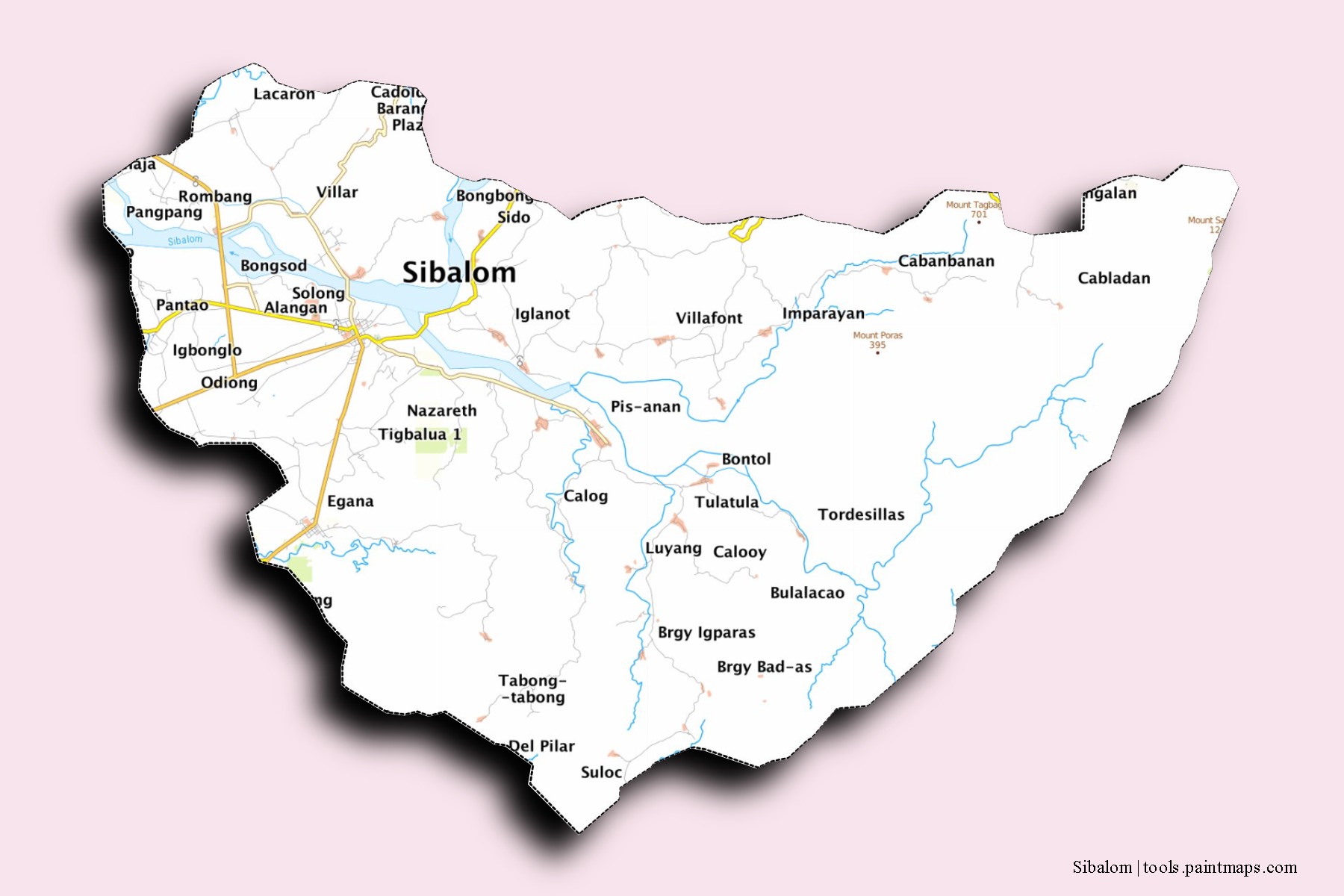 Mapa de barrios y pueblos de Sibalom con efecto de sombra 3D