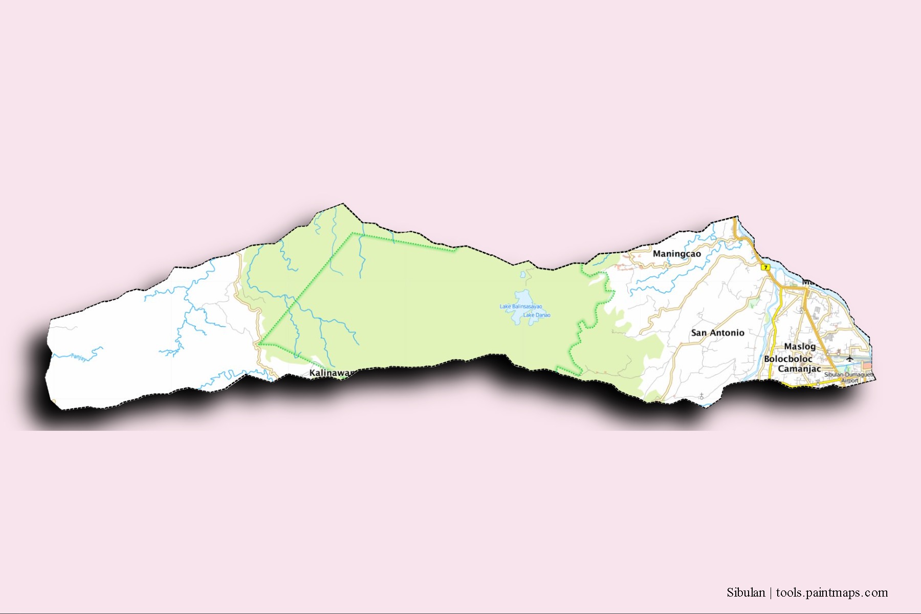 Mapa de barrios y pueblos de Sibulan con efecto de sombra 3D