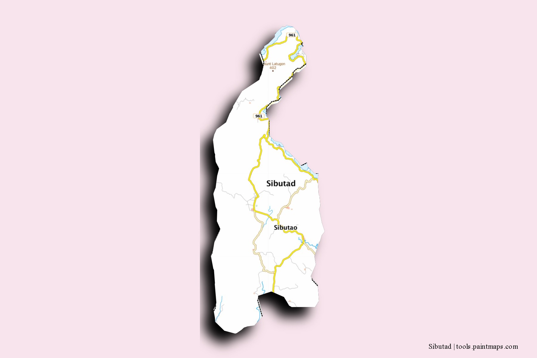 Mapa de barrios y pueblos de Sibutad con efecto de sombra 3D